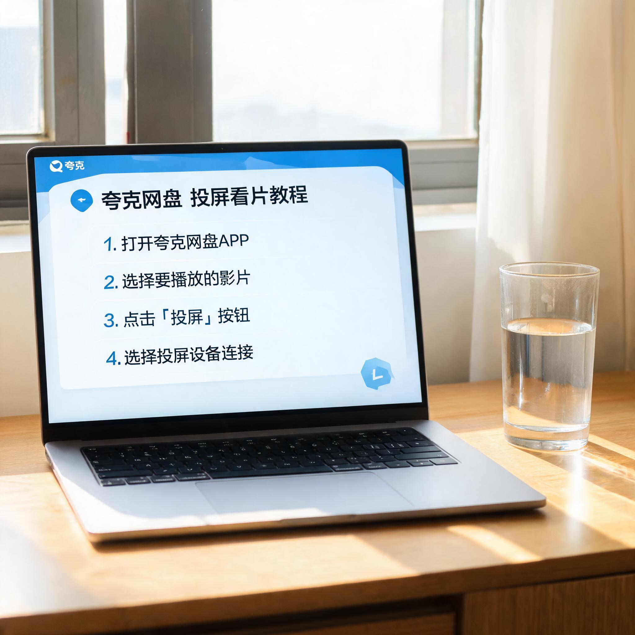 书桌上的电脑，屏幕显示夸克网盘投屏看片教程设置界面，桌角放着水杯，自然光