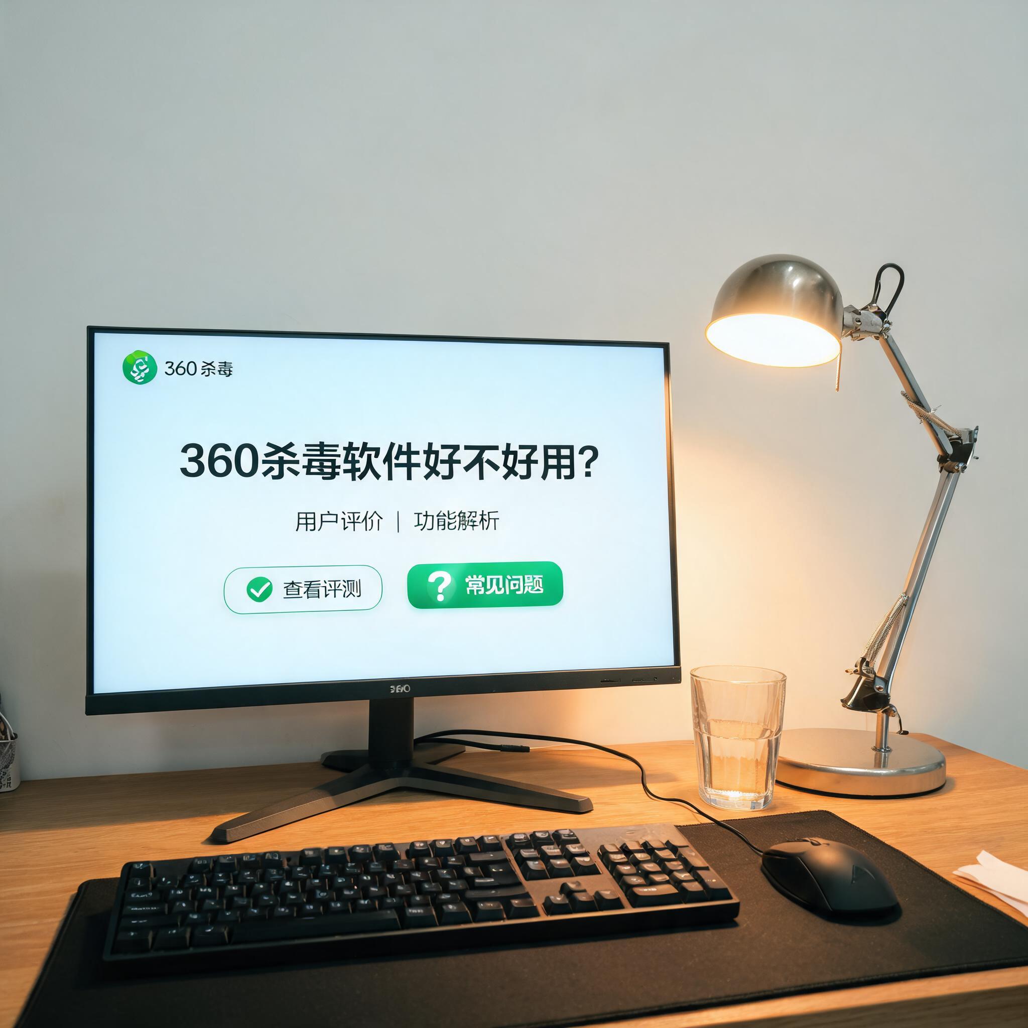 电脑桌上的电脑，屏幕显示360 杀毒软件好不好用界面，旁边放着台灯