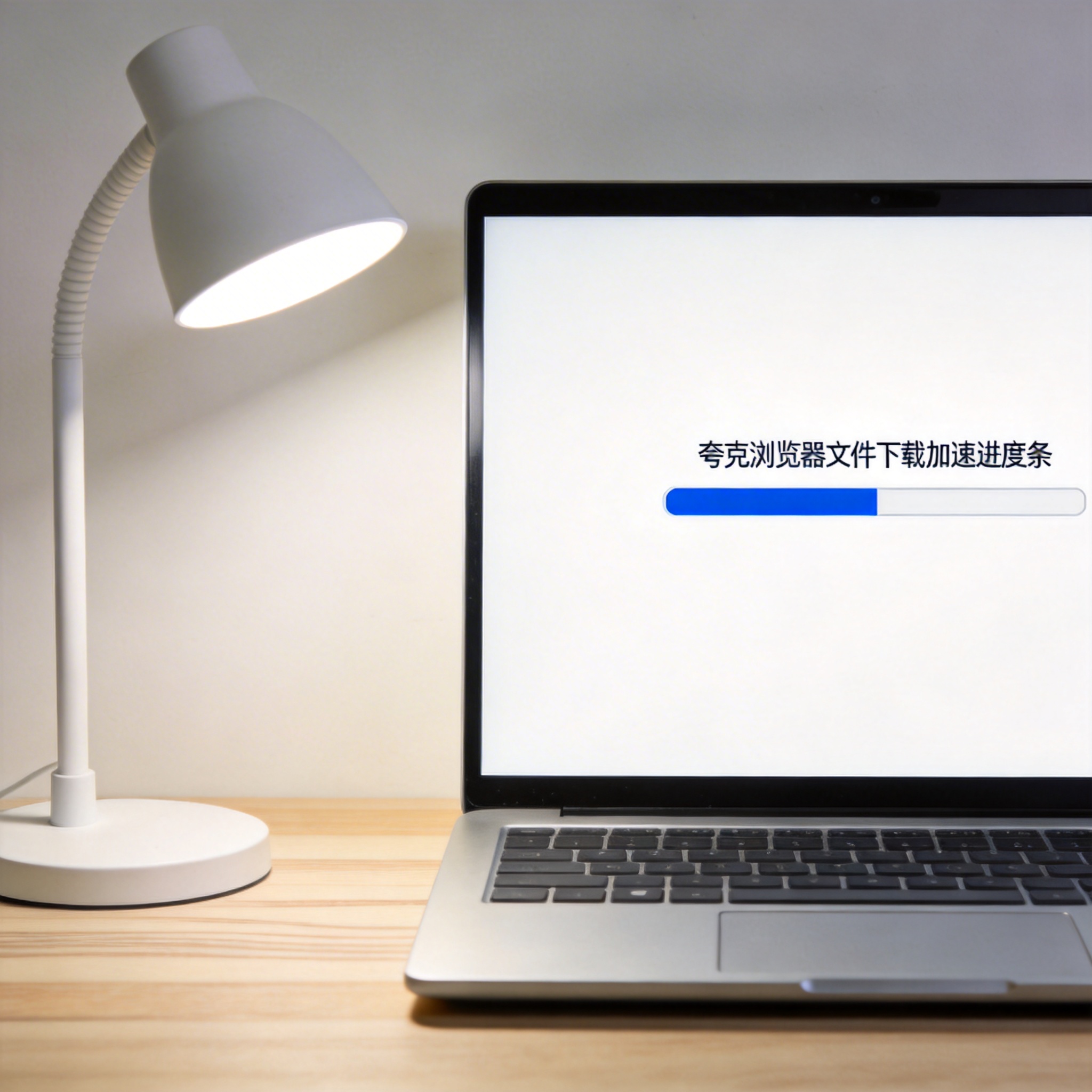 电脑桌上的电脑，屏幕显示夸克浏览器文件下载加速进度条，旁边放着台灯
