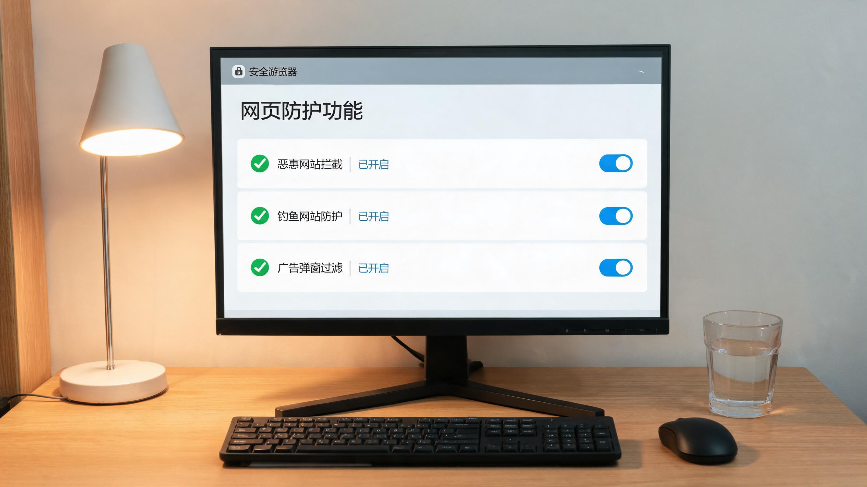 电脑桌上的电脑，屏幕显示安全浏览器网页防护功能界面，旁边放着台灯