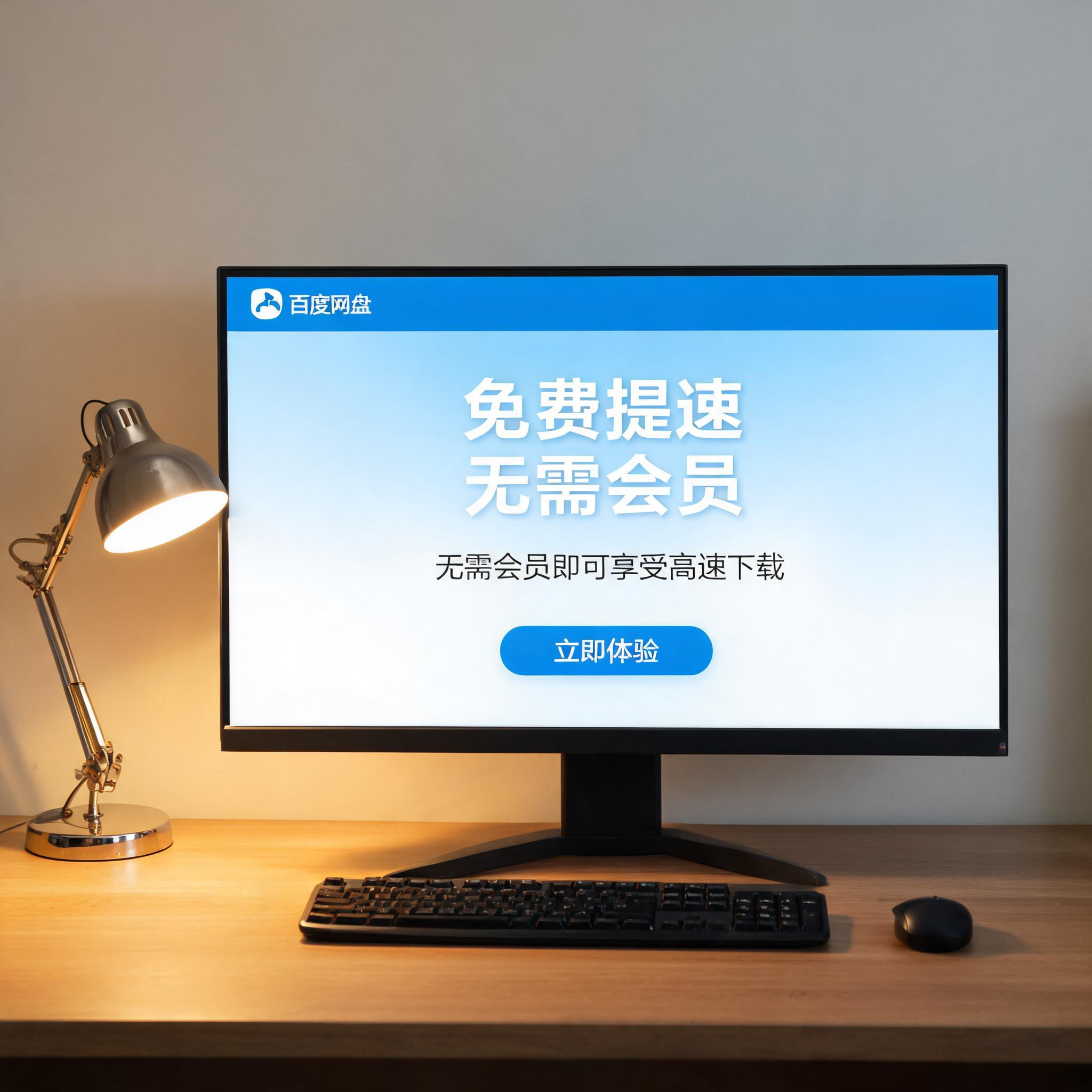电脑桌上的电脑，屏幕显示百度网盘免费提速无需会员界面，旁边放着台灯