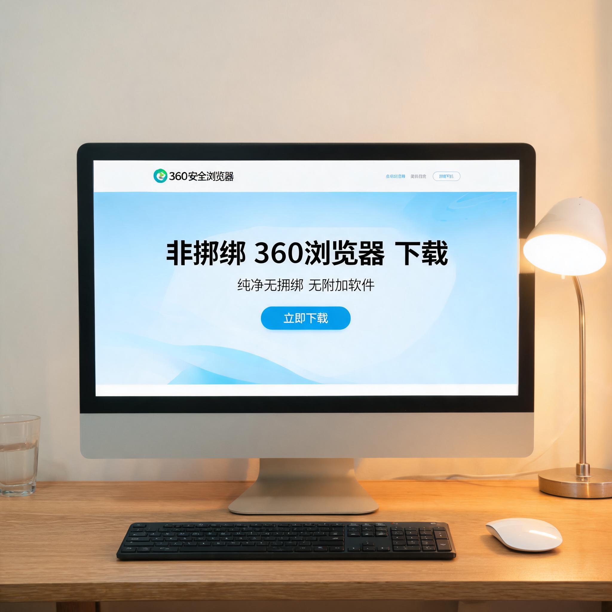 电脑桌上的电脑，屏幕显示非捆绑 360 浏览器下载桌面，旁边放着台灯