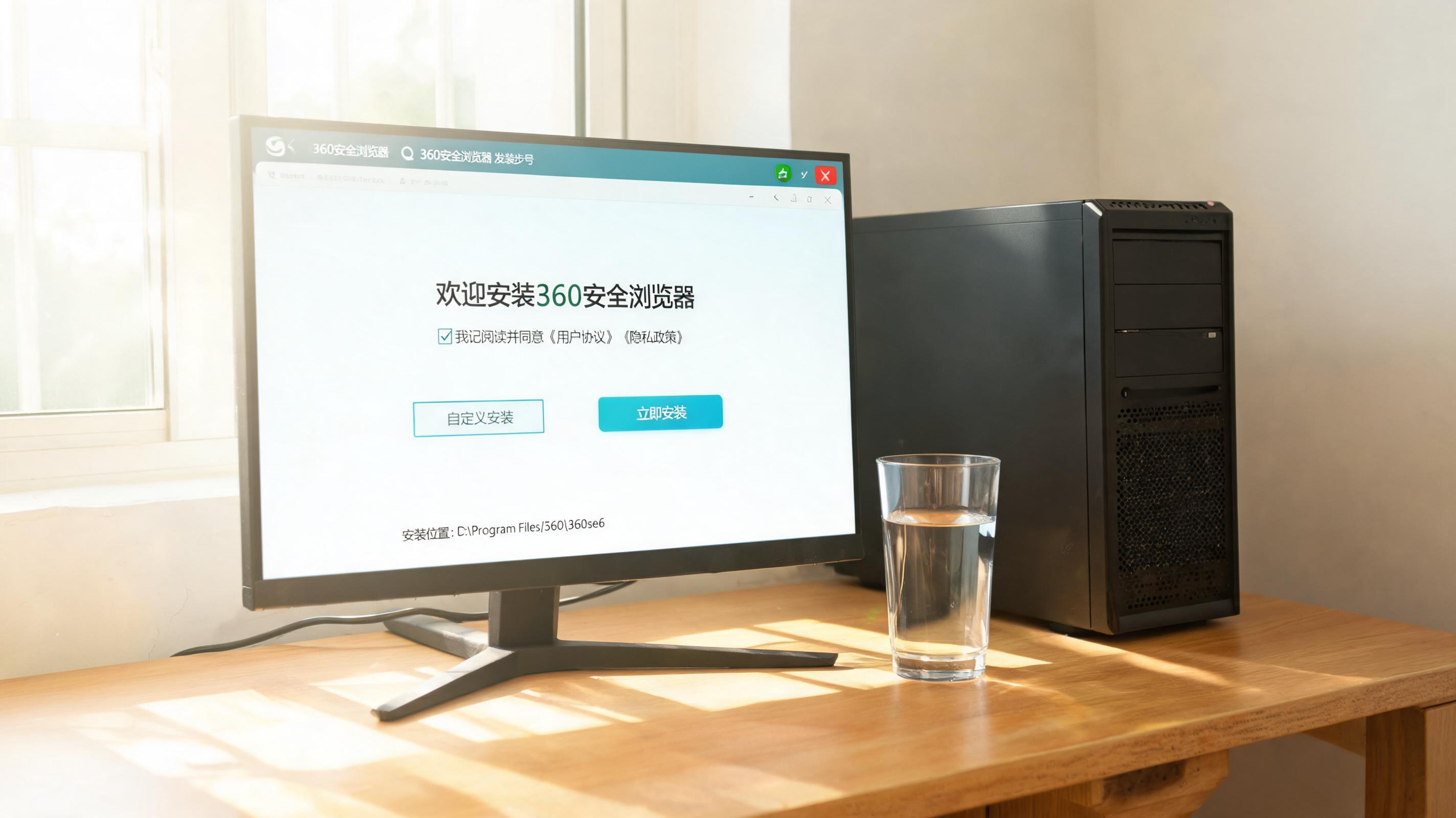 书桌上的主机，屏幕显示如何安装 360 安全浏览器设置界面，桌角放着水杯，自然光