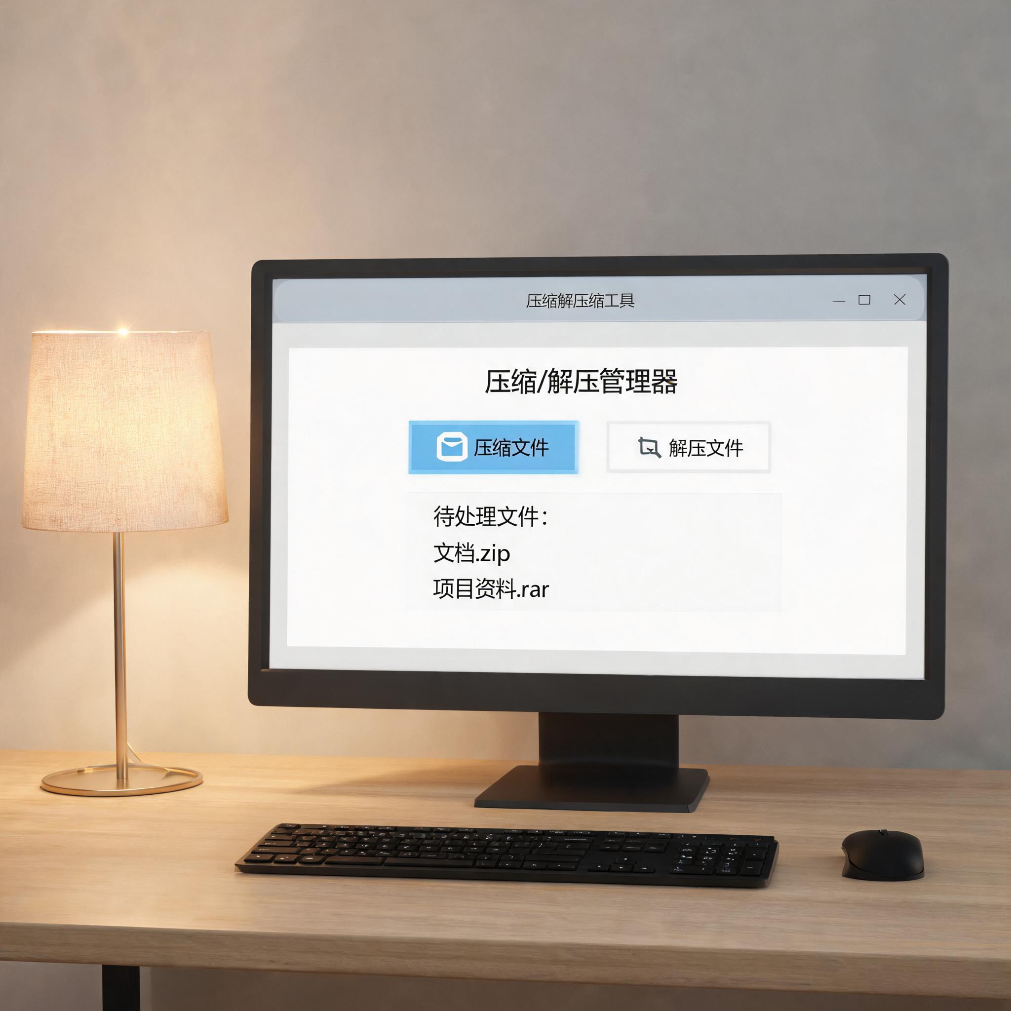 电脑桌上的电脑，屏幕显示大文件压缩解压缩工具窗口，旁边放着台灯