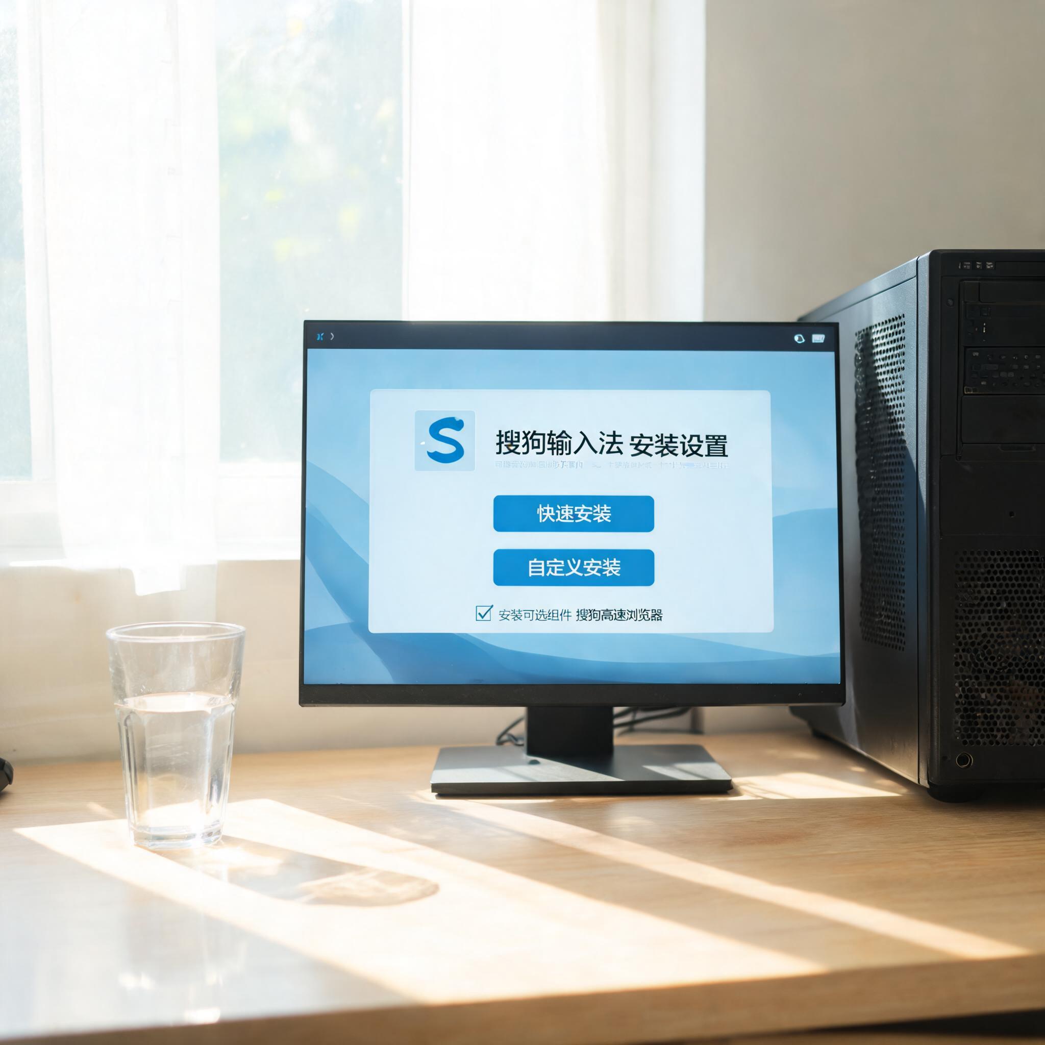 书桌上的主机，屏幕显示搜狗输入法下载设置界面，桌角放着水杯，自然光
