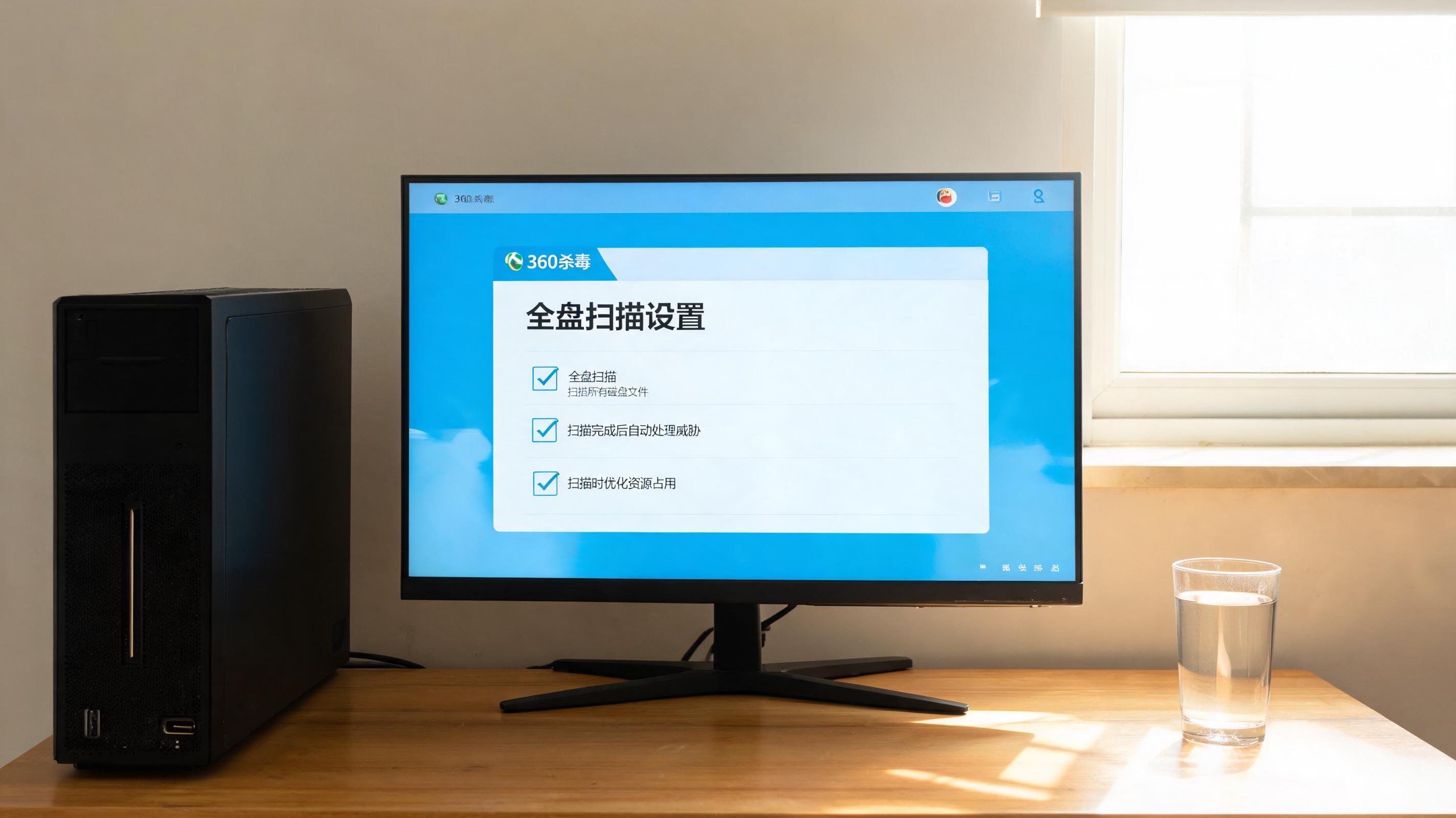 书桌上的主机，屏幕显示360 杀毒全盘扫描设置界面，桌角放着水杯，自然光