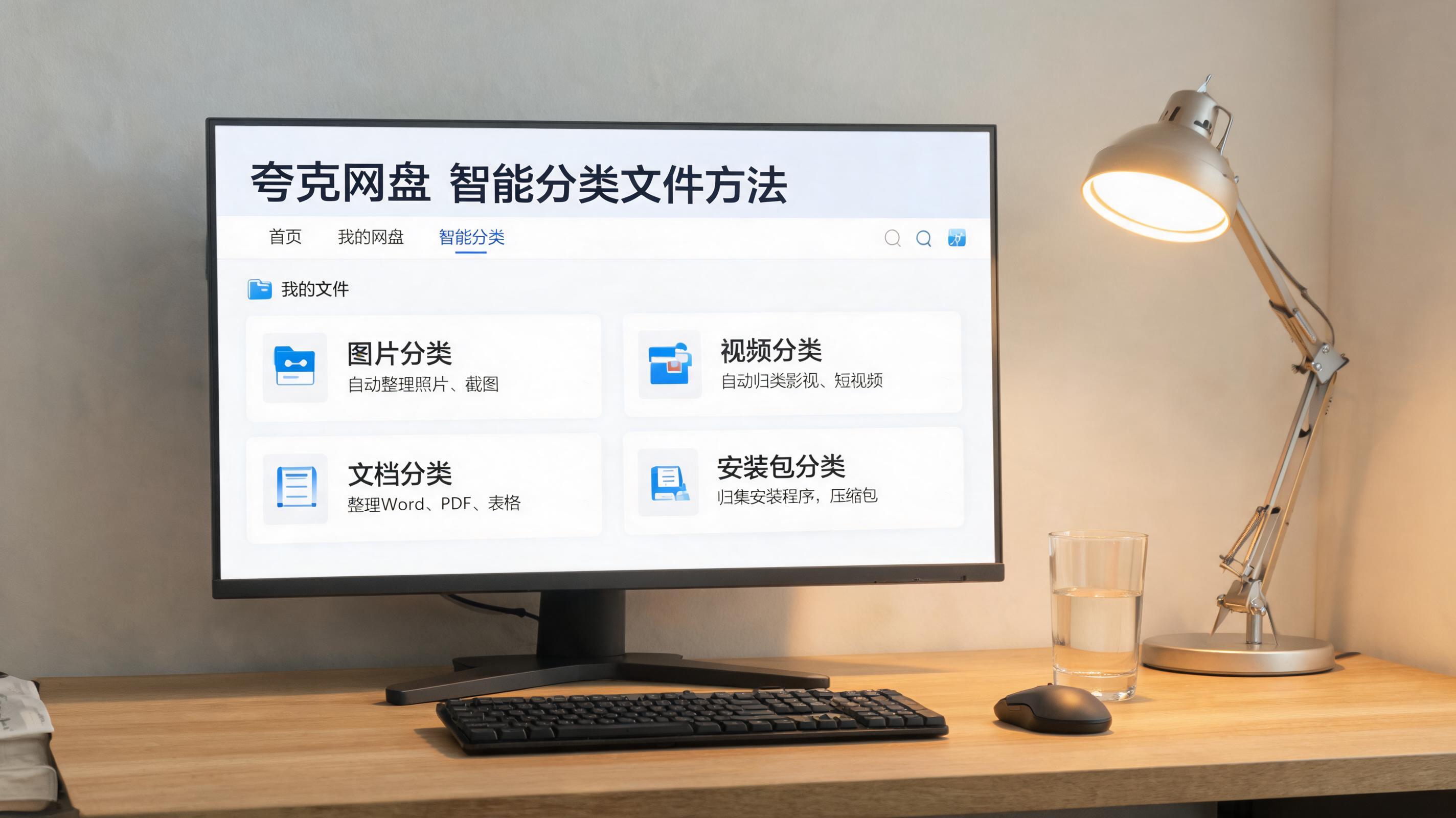 电脑桌上的电脑，屏幕显示夸克网盘智能分类文件方法界面，旁边放着台灯