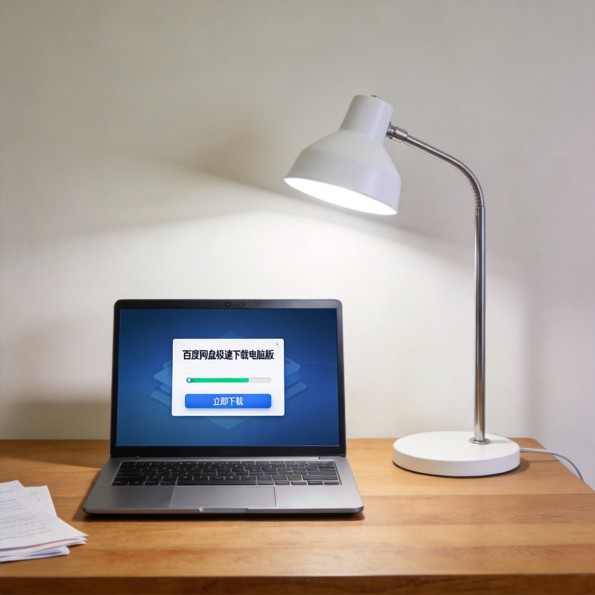 电脑桌上的电脑，屏幕显示百度网盘极速下载电脑版界面，旁边放着台灯