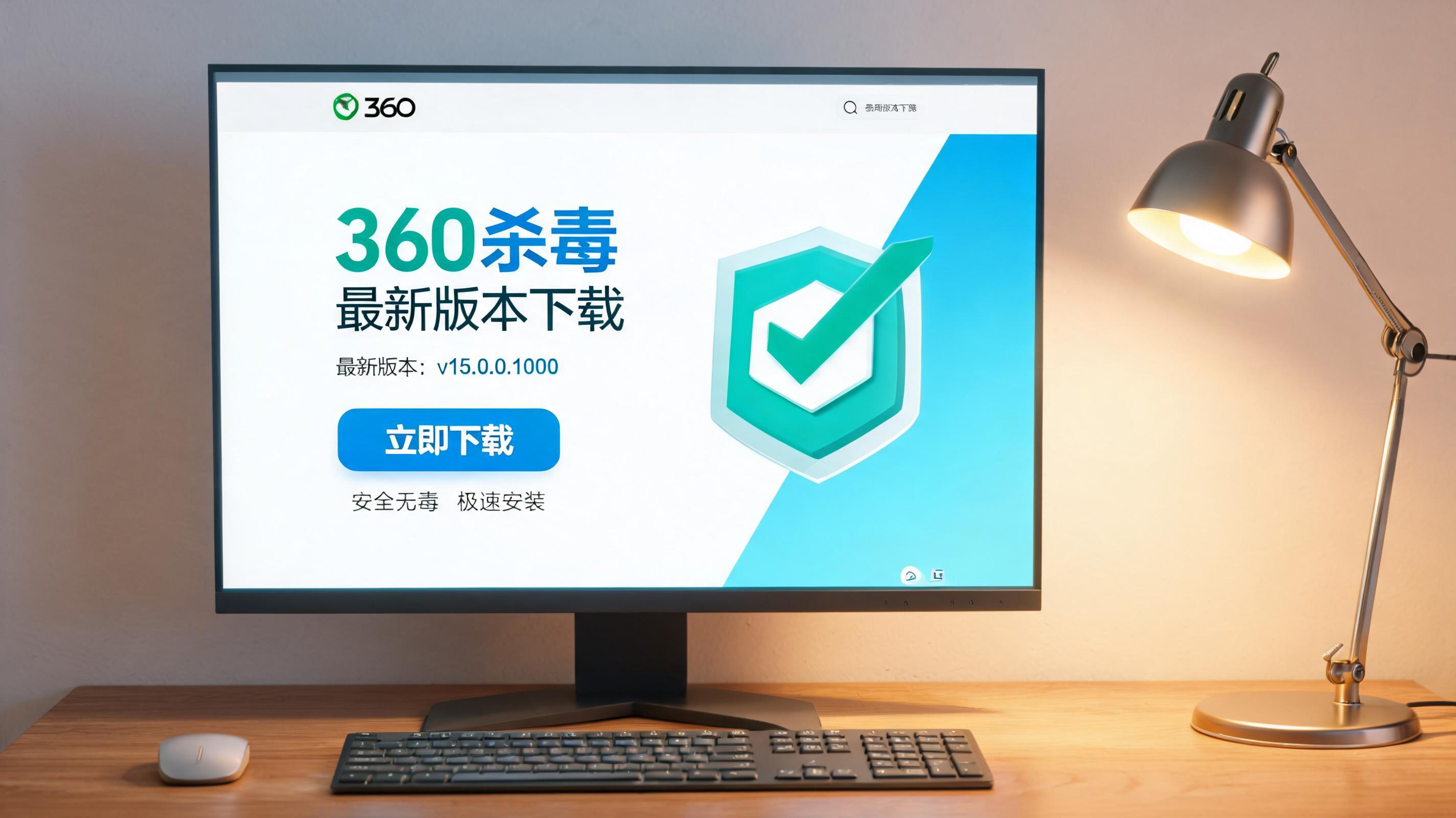 电脑桌上的电脑，屏幕显示360 杀毒最新版本下载界面，旁边放着台灯
