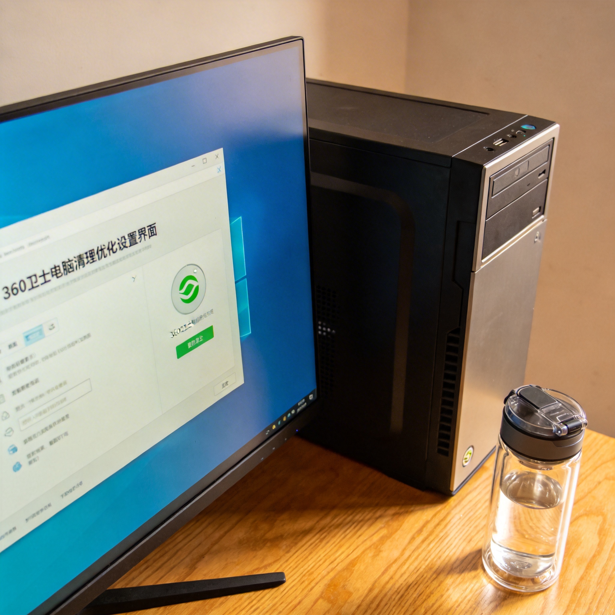 书桌上的主机，屏幕显示360 卫士电脑清理优化设置界面，桌角放着水杯，自然光