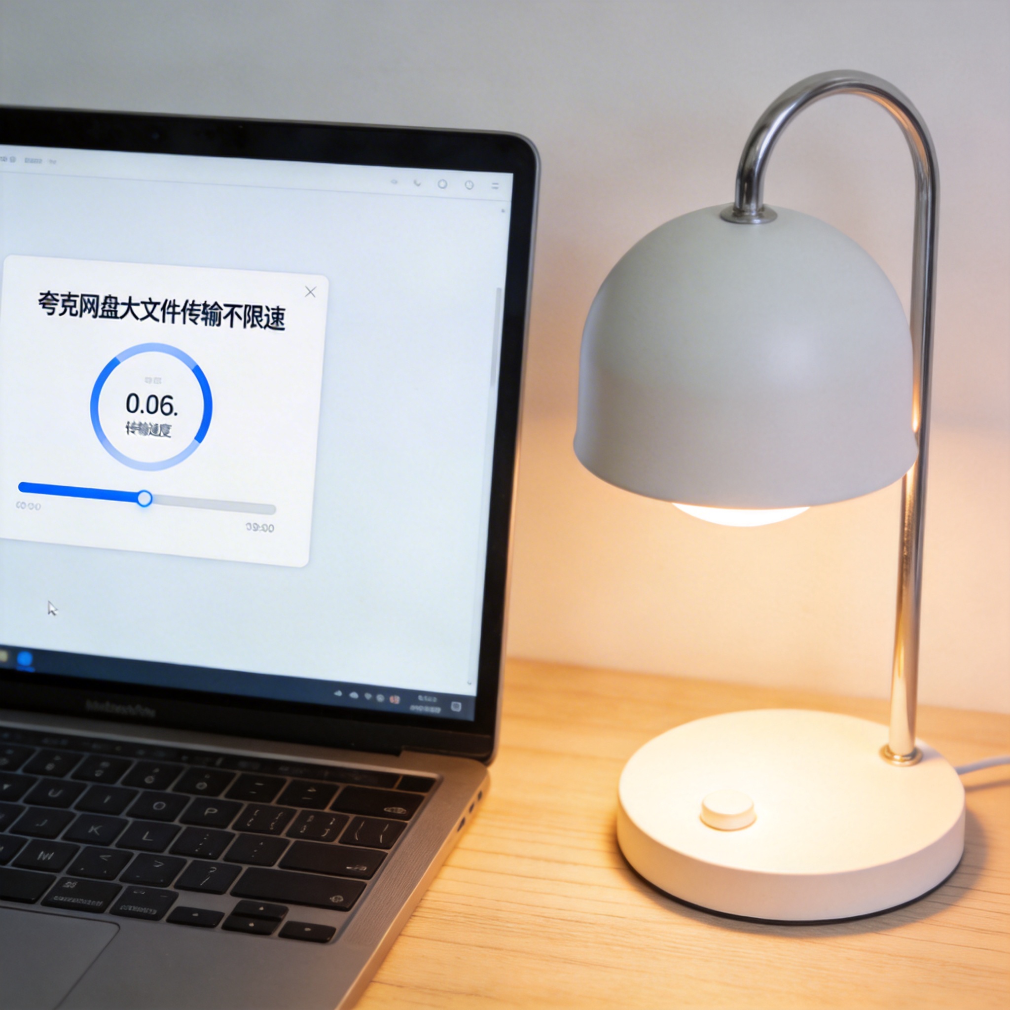 电脑桌上的电脑，屏幕显示夸克网盘大文件传输不限速界面，旁边放着台灯