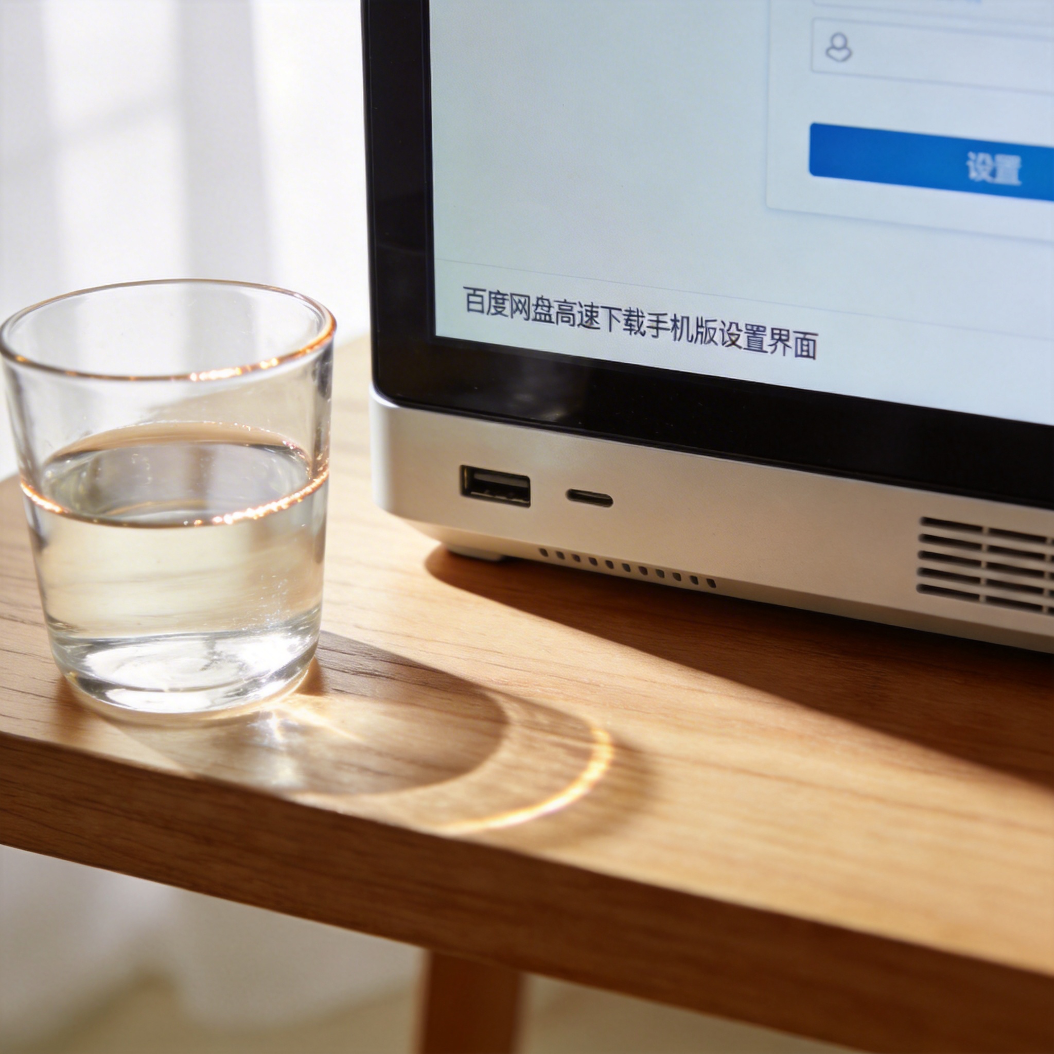 书桌上的主机，屏幕显示百度网盘高速下载手机版设置界面，桌角放着水杯，自然光