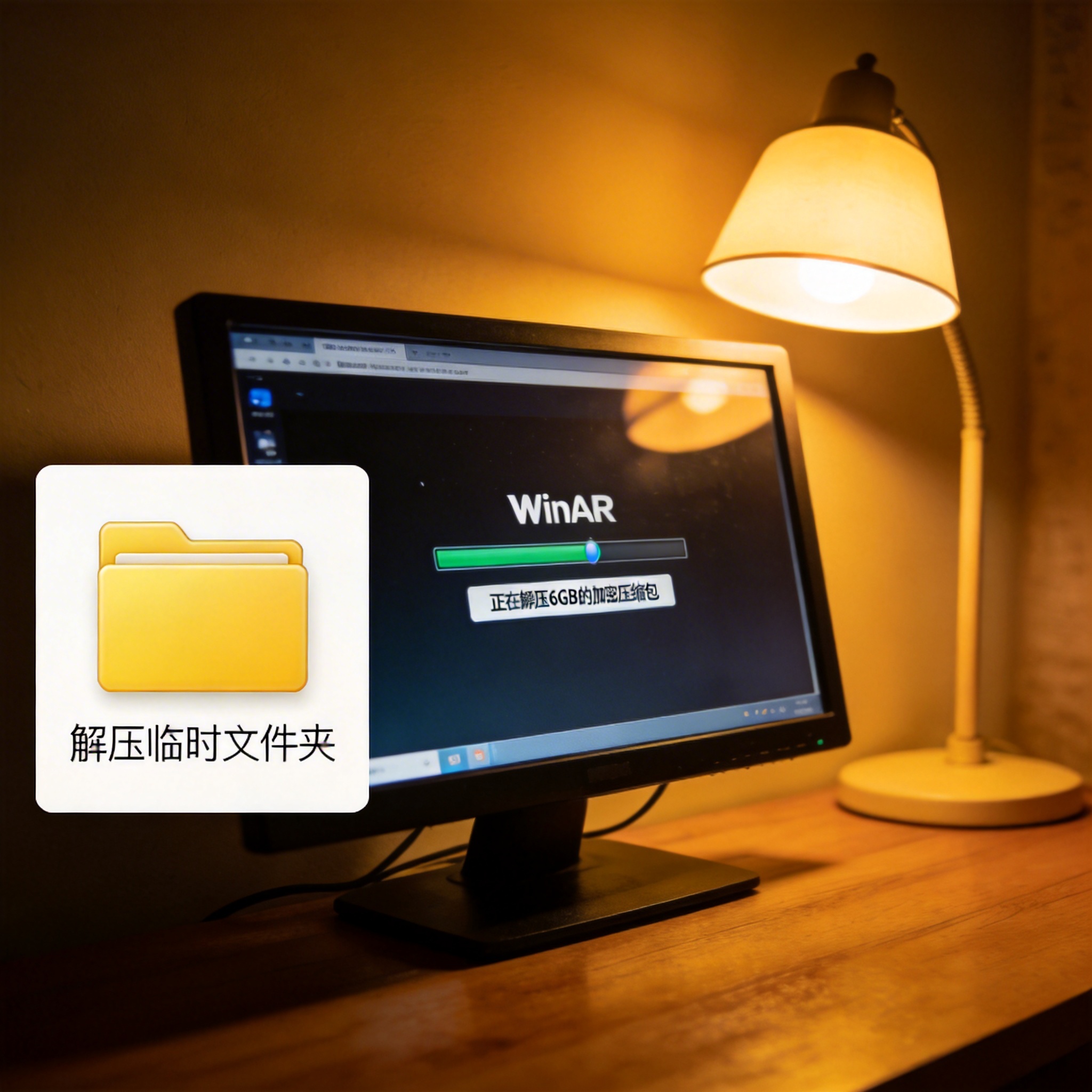 电脑屏幕显示WinRAR解压进度条，正在解压6GB的加密压缩包，桌面有一个空白的“解压临时文件夹”图标，台灯暖光