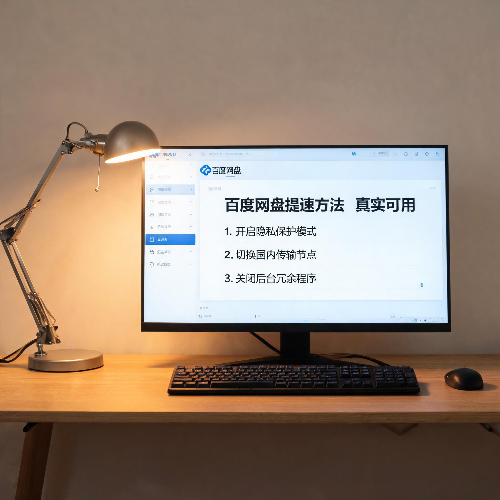 电脑桌上的电脑，屏幕显示百度网盘提速方法真实可用界面，旁边放着台灯