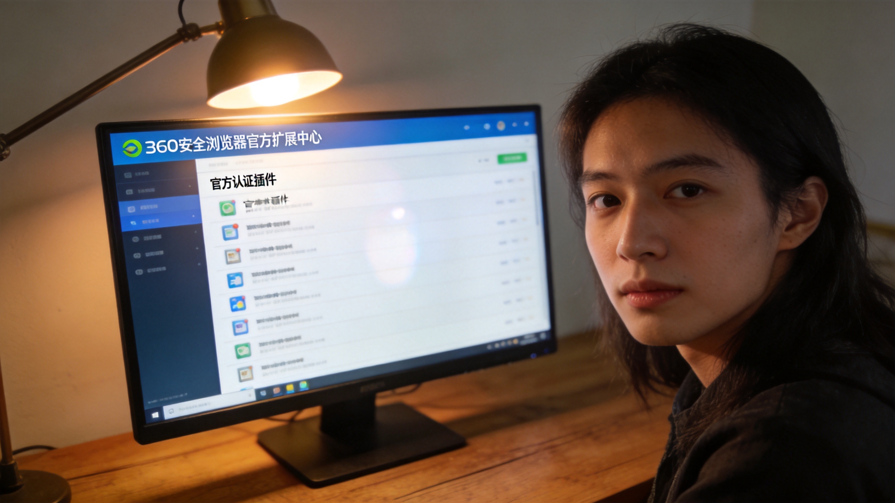 桌面的电脑屏幕显示360安全浏览器官方扩展中心界面，页面列出官方认证插件，台灯暖光打在屏幕上