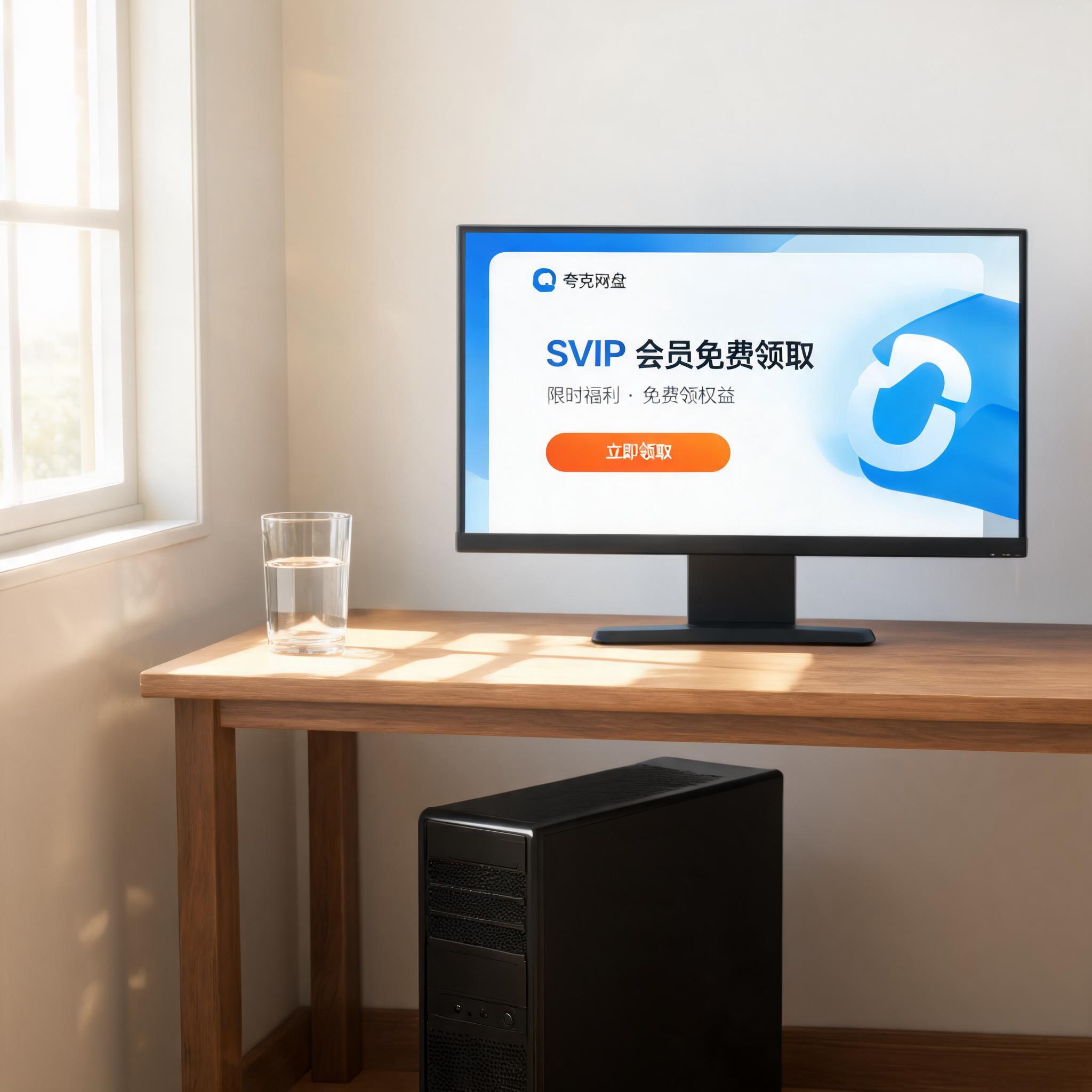 书桌上的主机，屏幕显示夸克网盘 SVIP 会员免费领取设置界面，桌角放着水杯，自然光