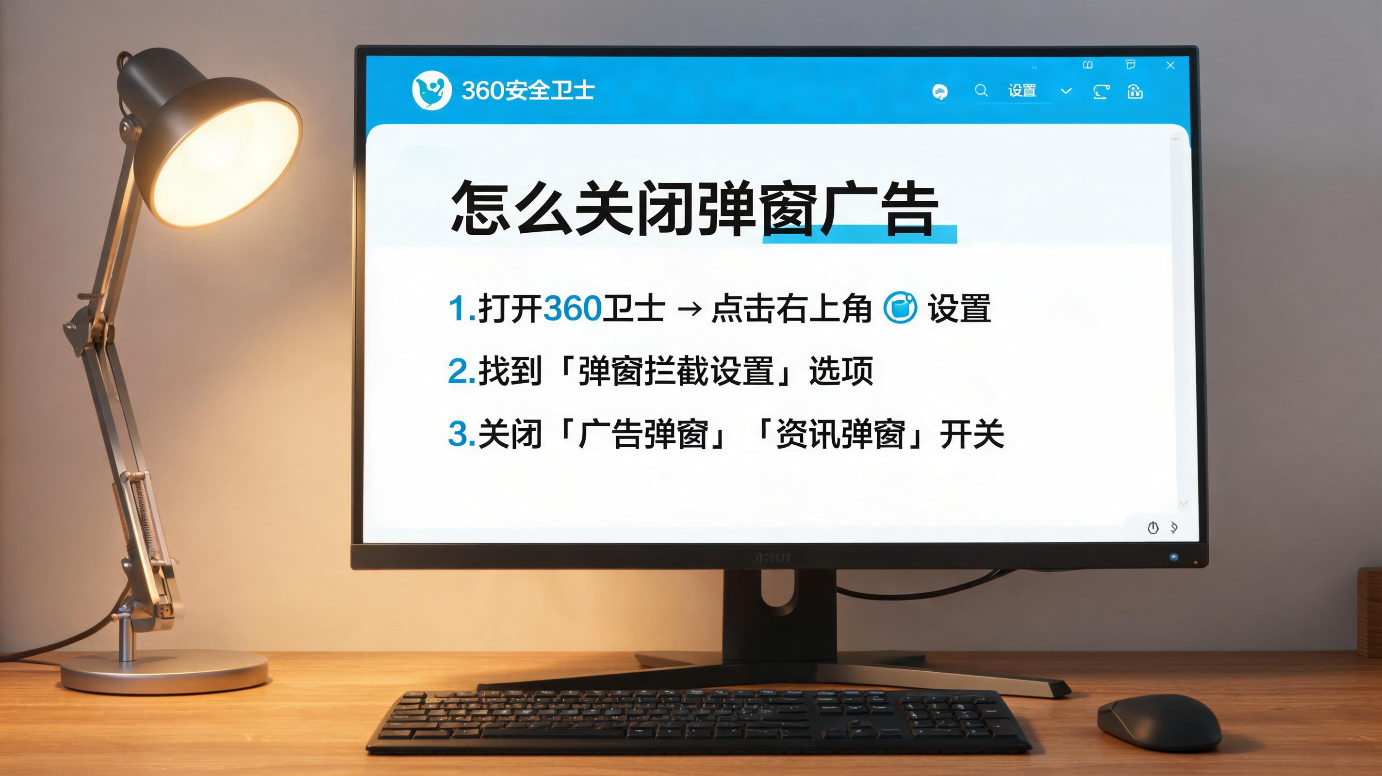 电脑桌上的电脑，屏幕显示360 卫士怎么关闭弹窗广告菜单，旁边放着台灯