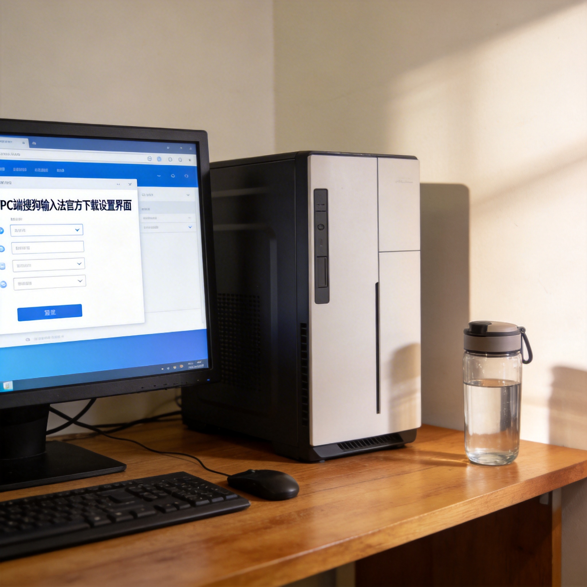 书桌上的主机，屏幕显示PC 端搜狗输入法官方下载设置界面，桌角放着水杯，自然光