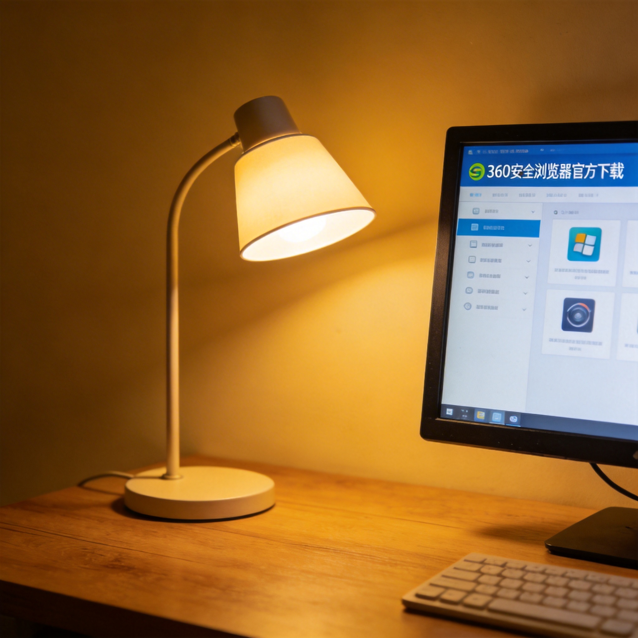 电脑桌上的电脑，屏幕显示360 安全浏览器官方下载菜单，旁边放着台灯
