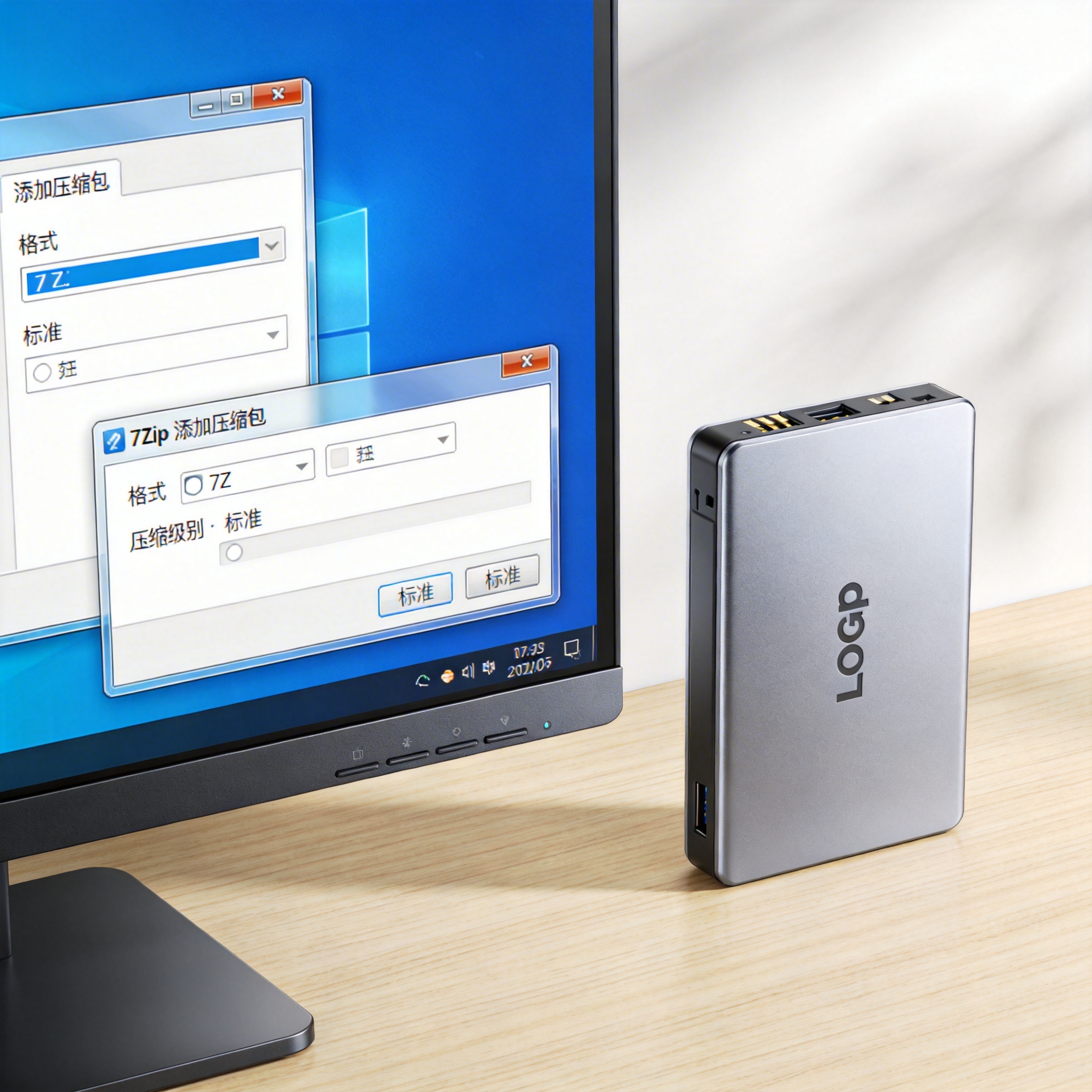 电脑桌的台式机屏幕显示7Zip软件的添加压缩包窗口，格式选7Z、级别选标准，旁边放着移动硬盘，室内自然光