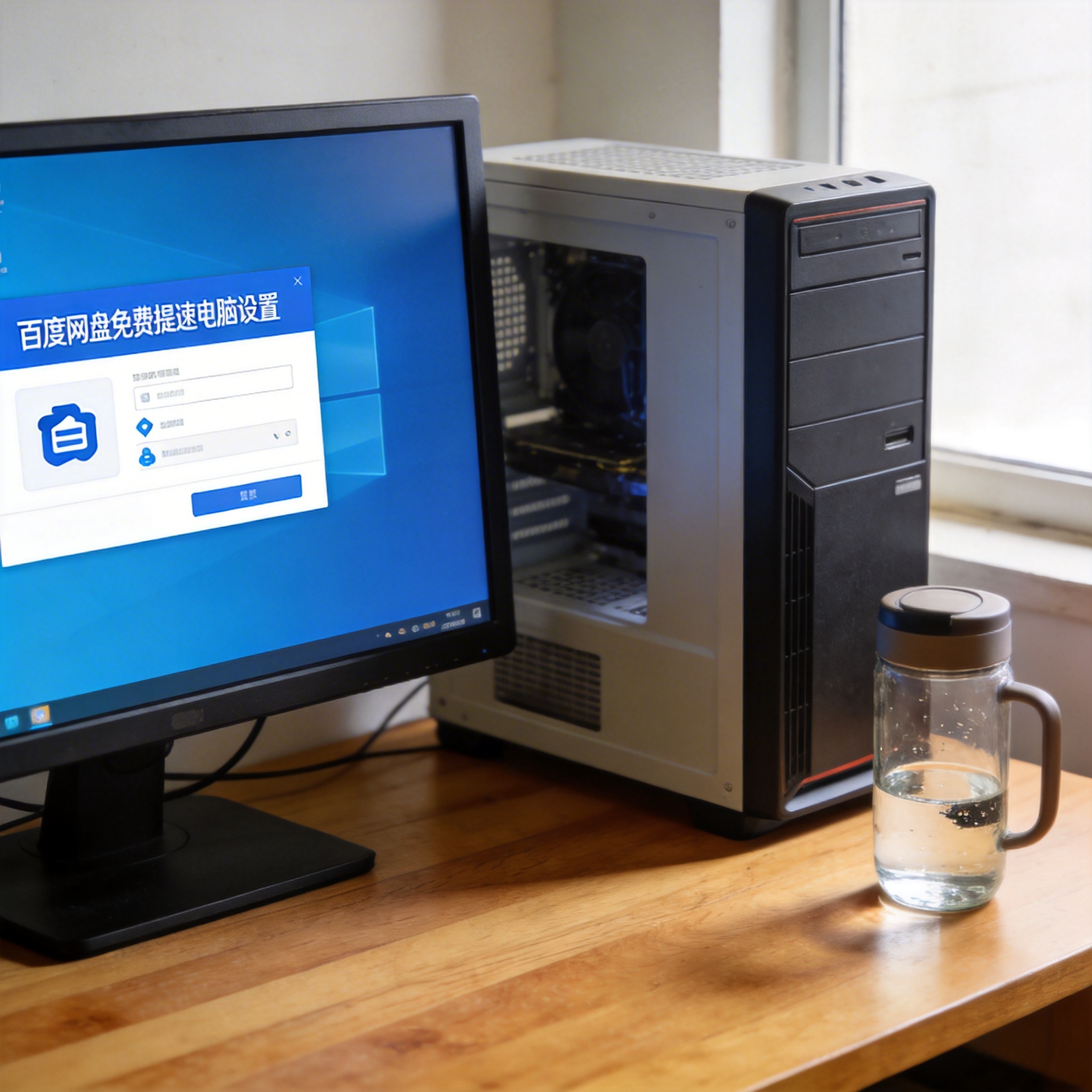 书桌上的主机，屏幕显示百度网盘免费提速电脑设置界面，桌角放着水杯，自然光