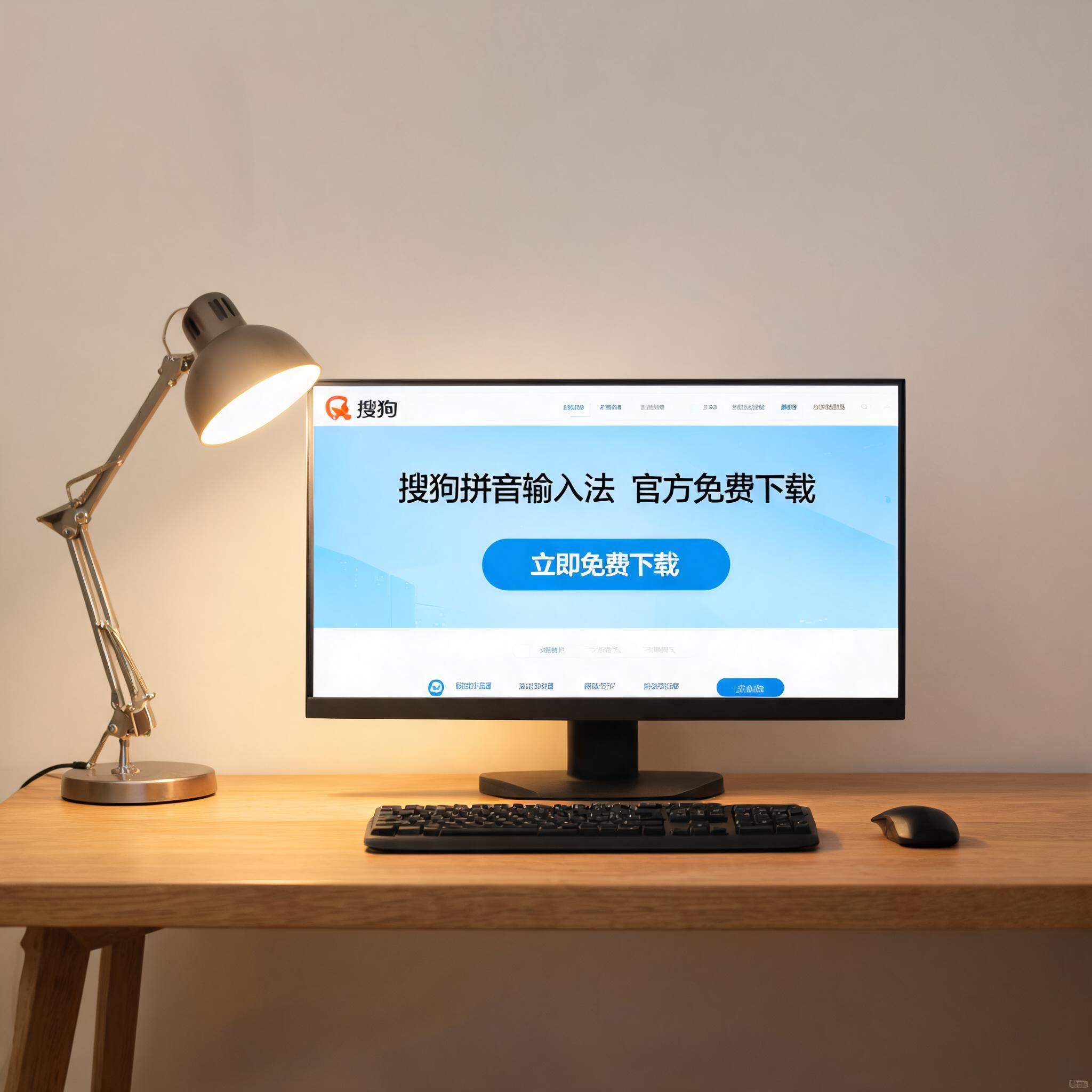 电脑桌上的电脑，屏幕显示搜狗拼音官方免费下载界面，旁边放着台灯