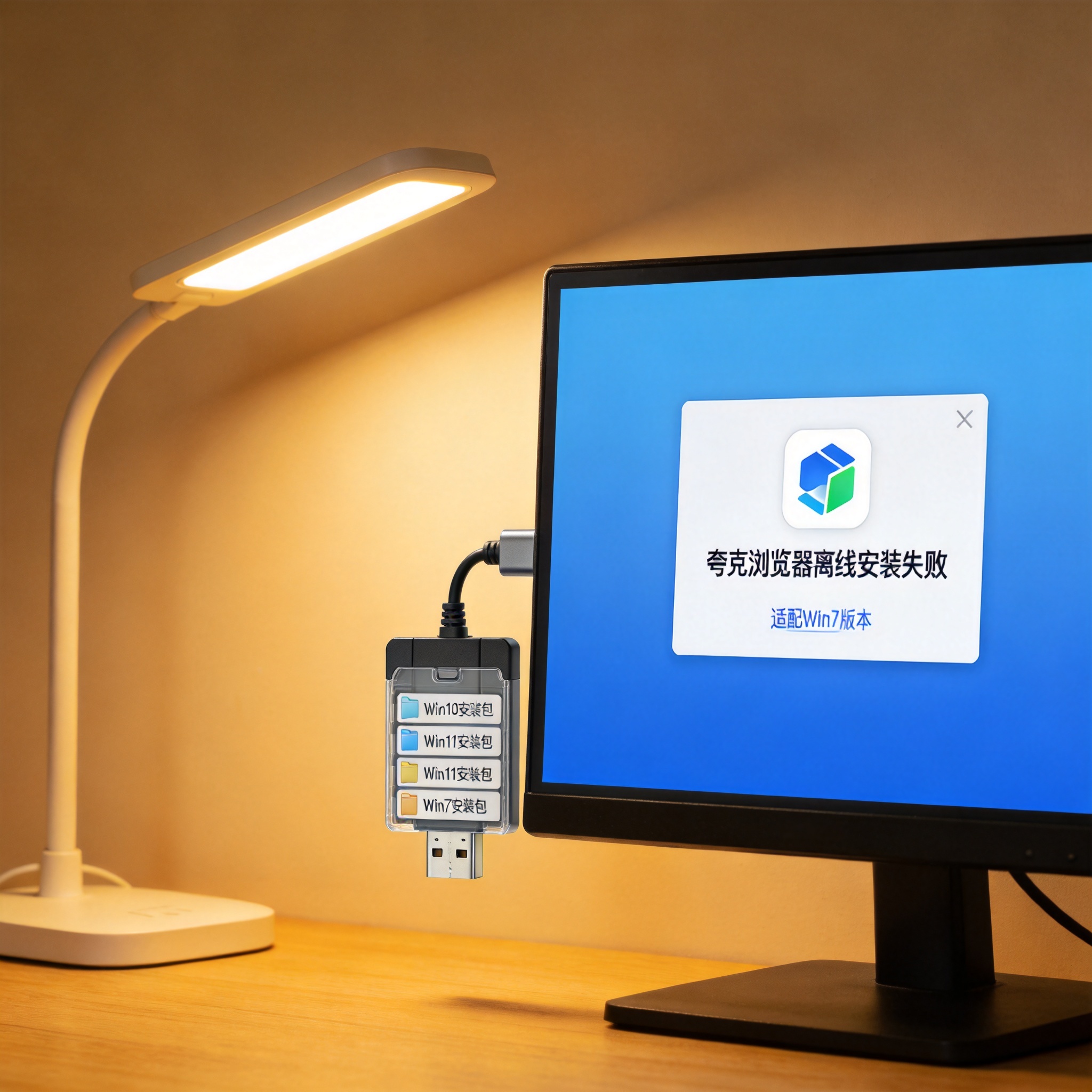 书桌的电脑屏幕显示夸克浏览器离线安装失败提示框，下方标注适配Win7版本，旁边U盘里分类存着不同系统的安装包，台灯光线