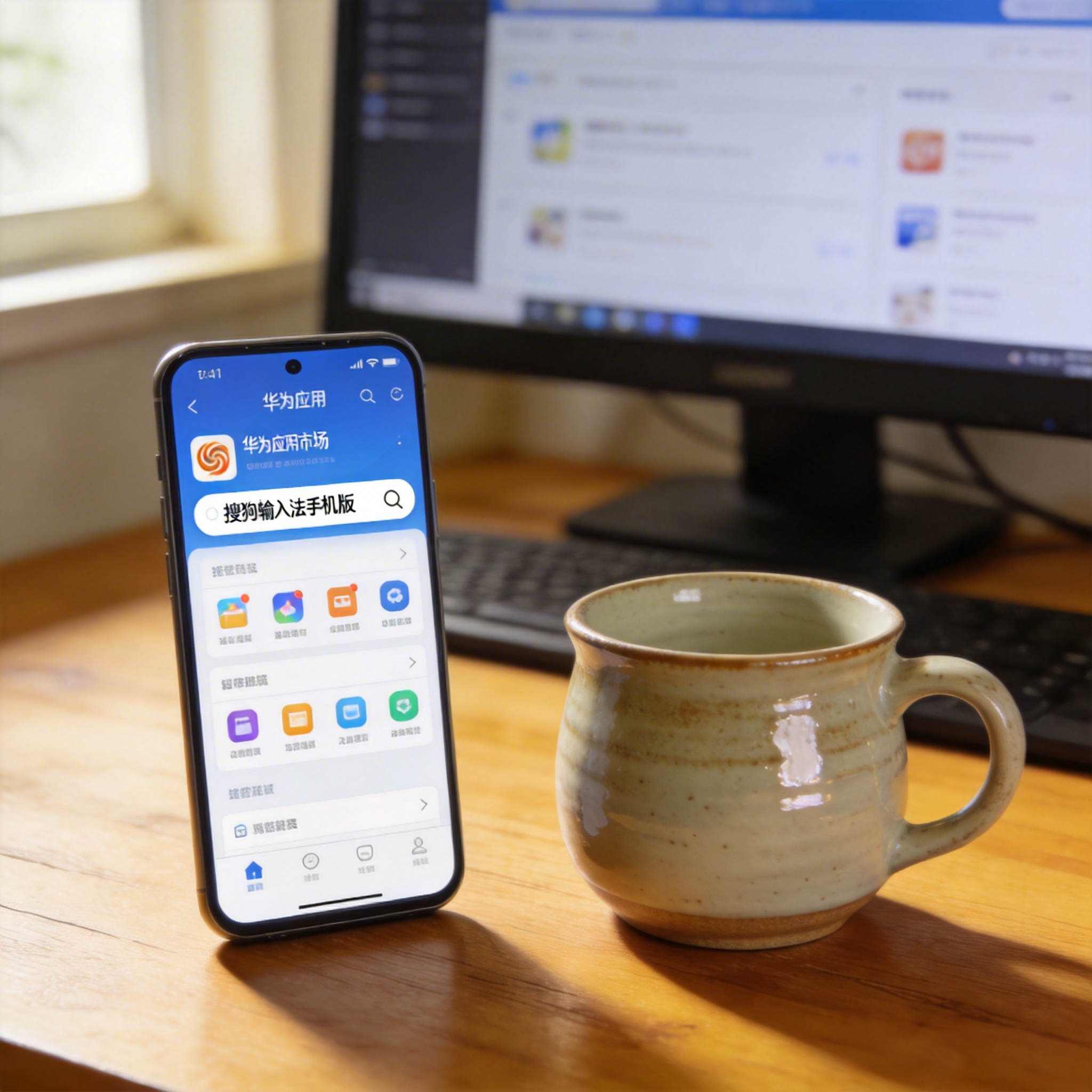 电脑桌前的安卓手机，屏幕显示华为应用市场界面，搜索框输入“搜狗输入法手机版”，旁边放着陶瓷水杯，室内自然光