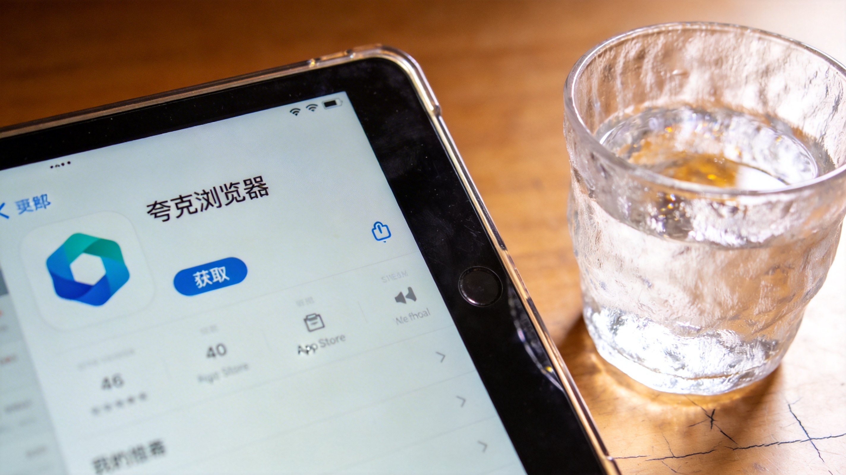 电脑桌面的苹果iPad，屏幕显示App Store内夸克浏览器的获取界面，旁边放着半透明水杯，室内自然光