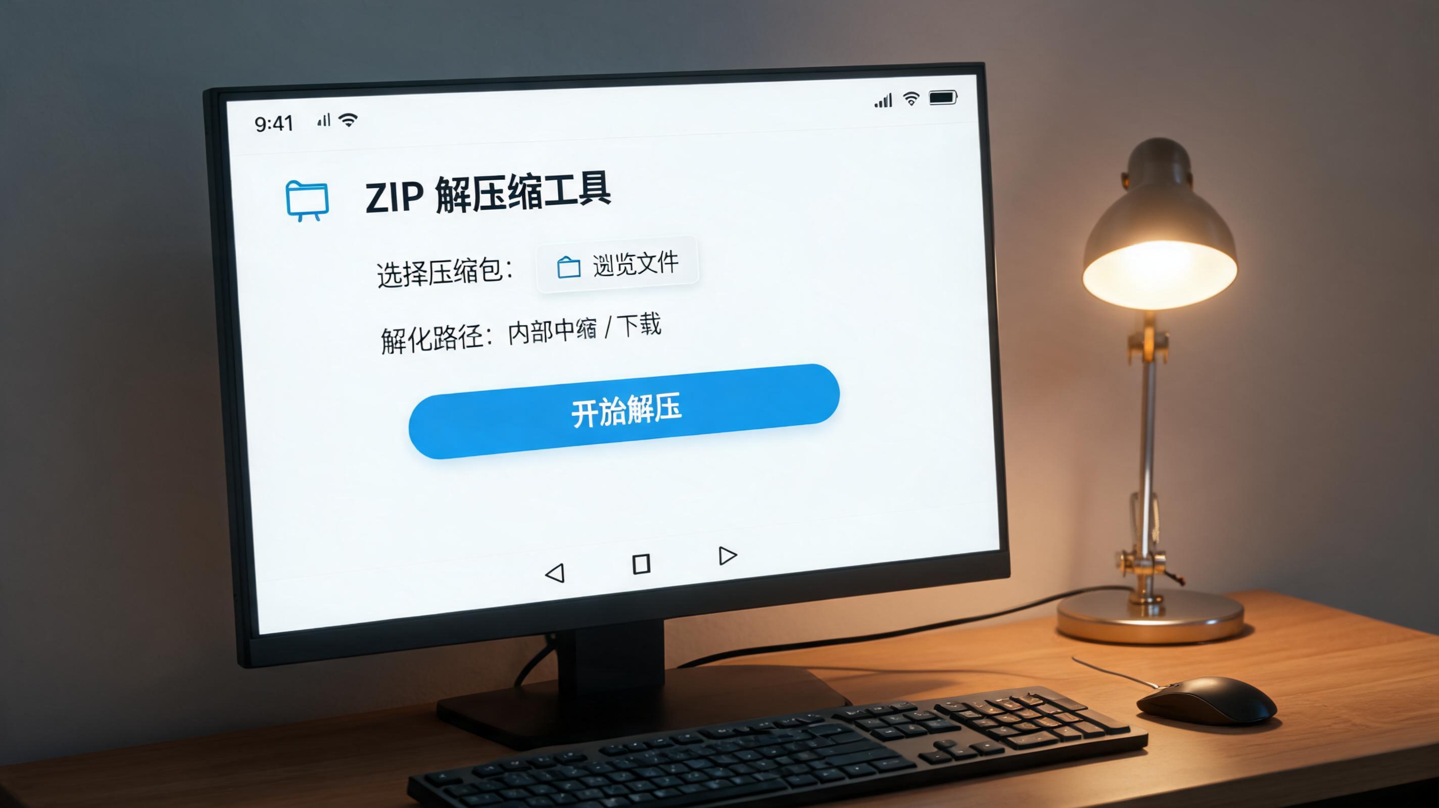 电脑桌上的电脑，屏幕显示安卓手机 zip 解压缩工具界面，旁边放着台灯