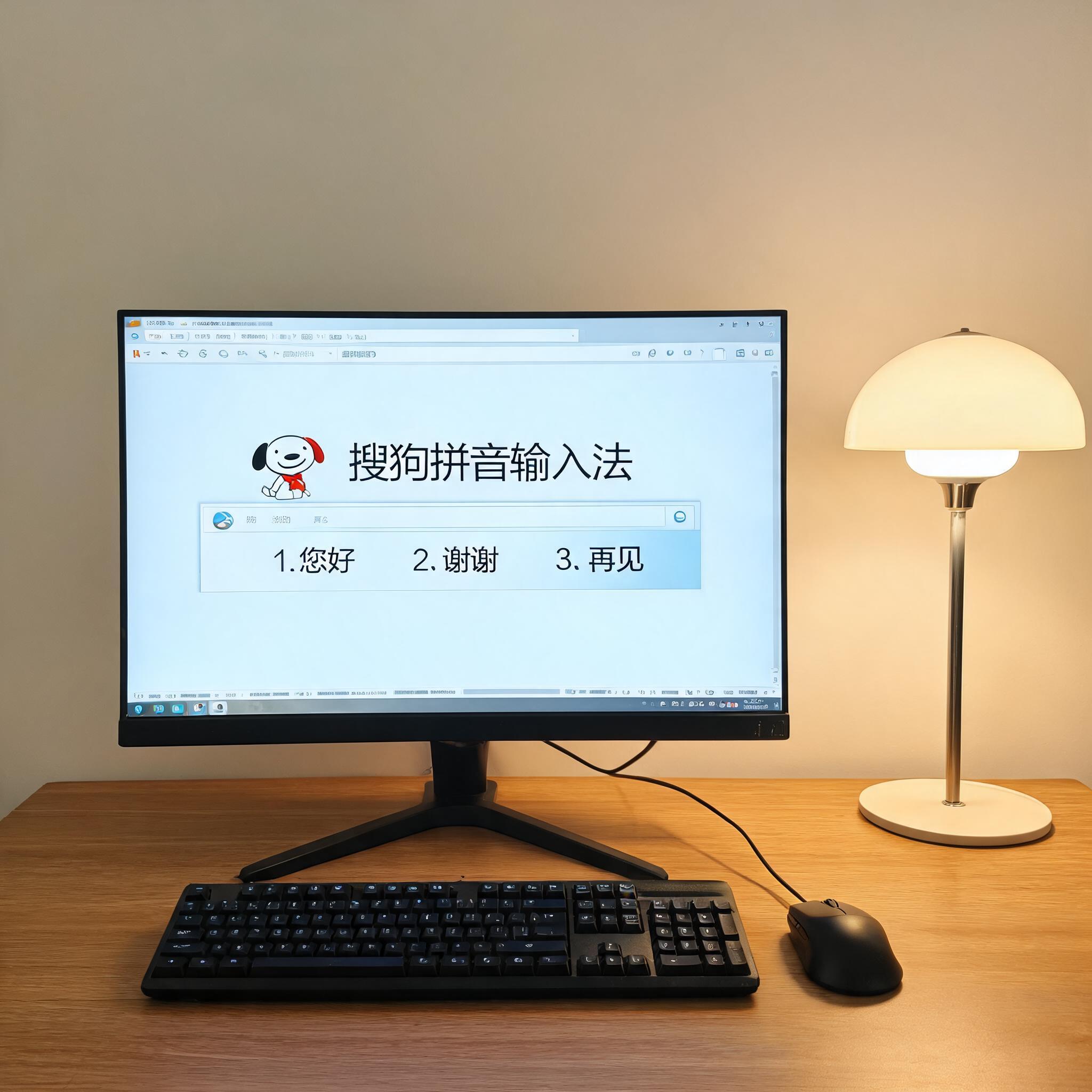 电脑桌上的电脑，屏幕显示搜狗拼音界面，旁边放着台灯