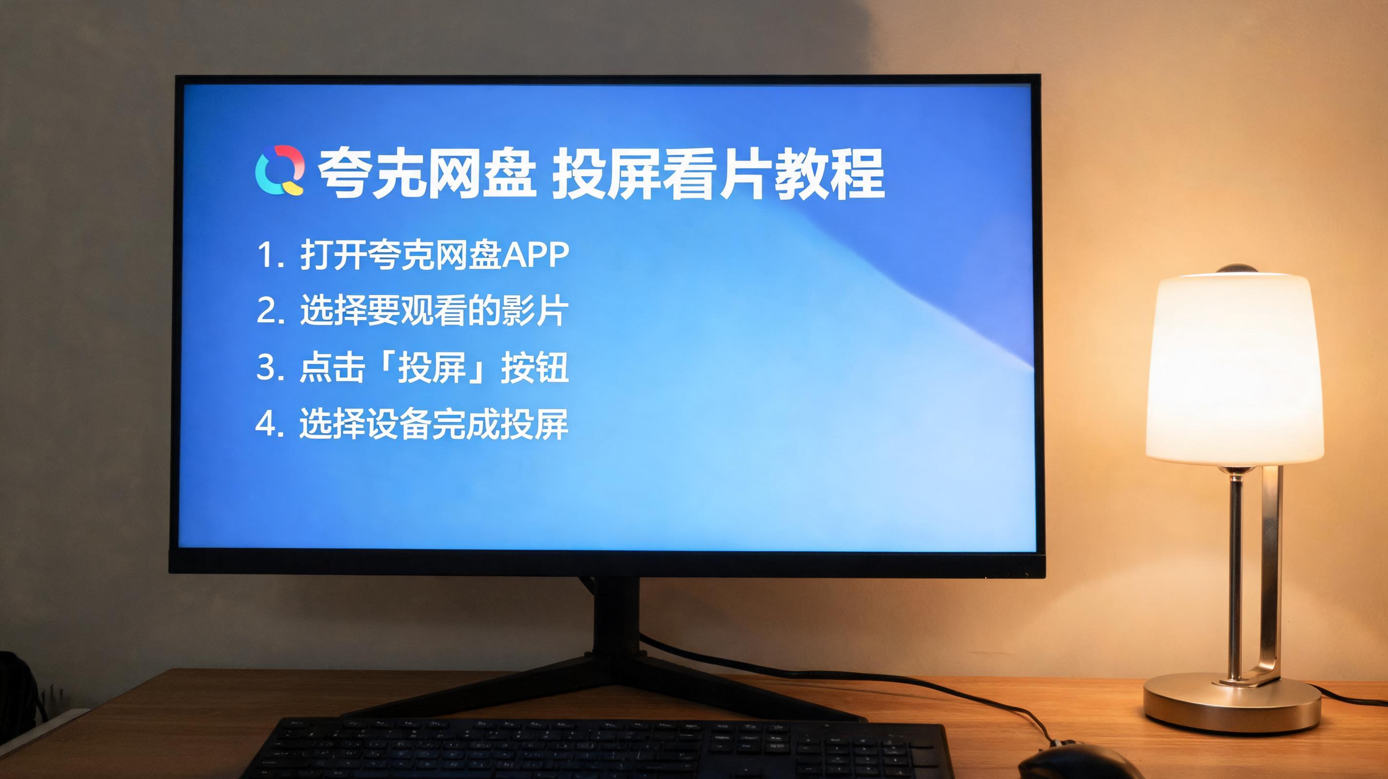 电脑桌上的屏幕，屏幕显示夸克网盘投屏看片教程界面，旁边放着台灯