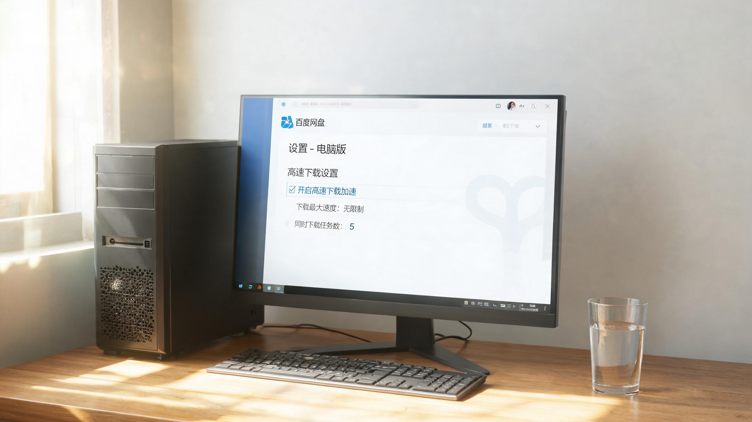 书桌上的主机，屏幕显示百度网盘高速下载电脑版设置界面，桌角放着水杯，自然光