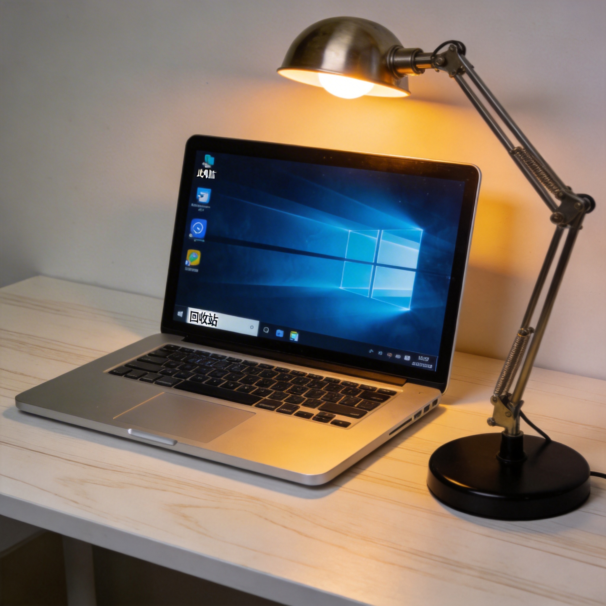 电脑桌上的电脑，屏幕显示Windows界面，旁边放着台灯