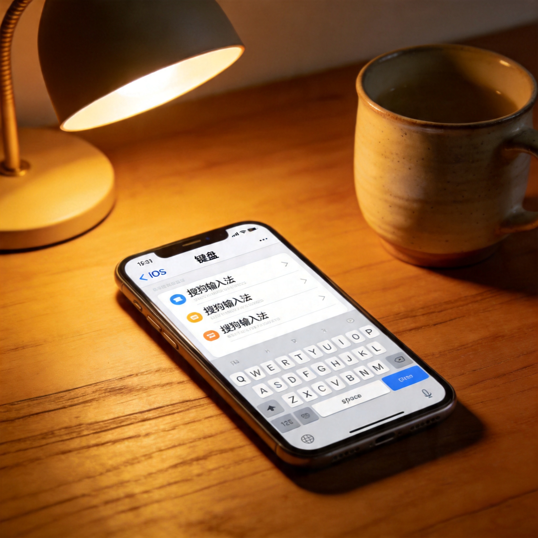 桌面的iPhone屏幕显示iOS系统“键盘”设置界面，已添加搜狗输入法，旁边放着陶瓷水杯，台灯暖光