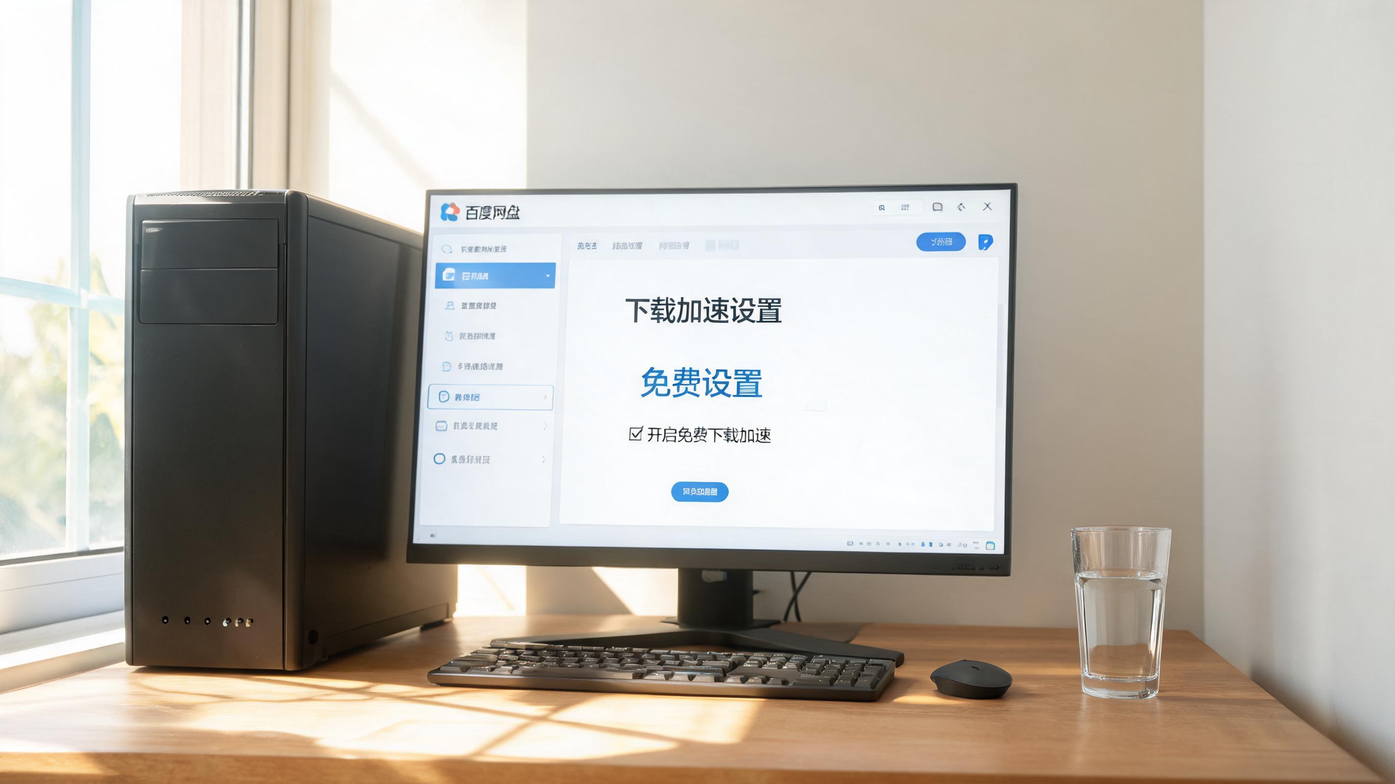 书桌上的主机，屏幕显示百度网盘下载加速免费设置界面，桌角放着水杯，自然光