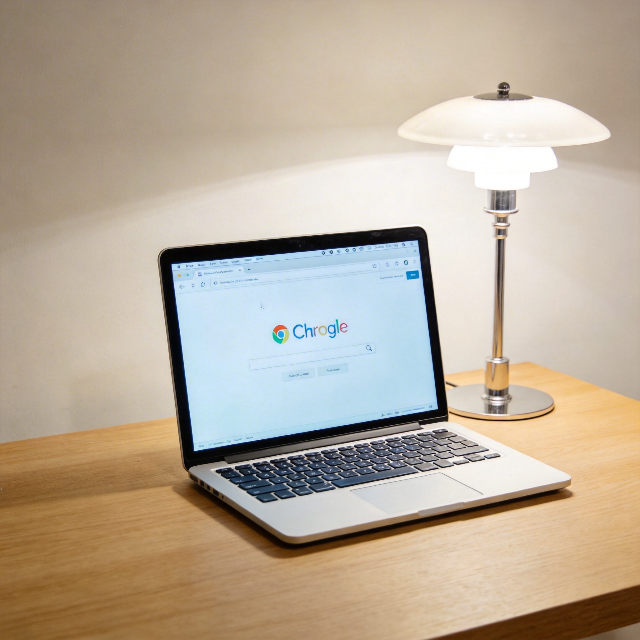 电脑桌上的电脑，屏幕显示Chrome界面，旁边放着台灯