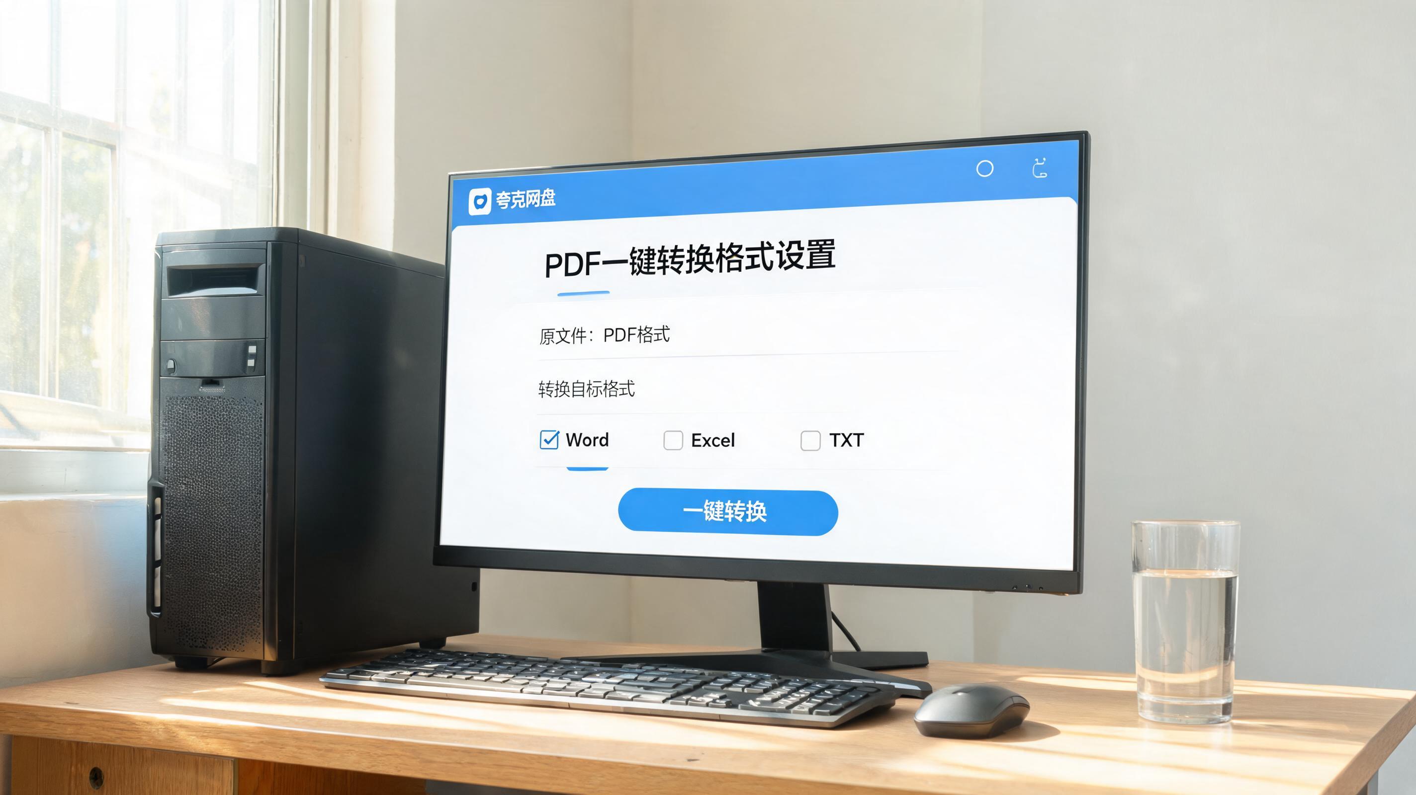 书桌上的主机，屏幕显示夸克网盘 PDF 一键转换格式设置界面，桌角放着水杯，自然光