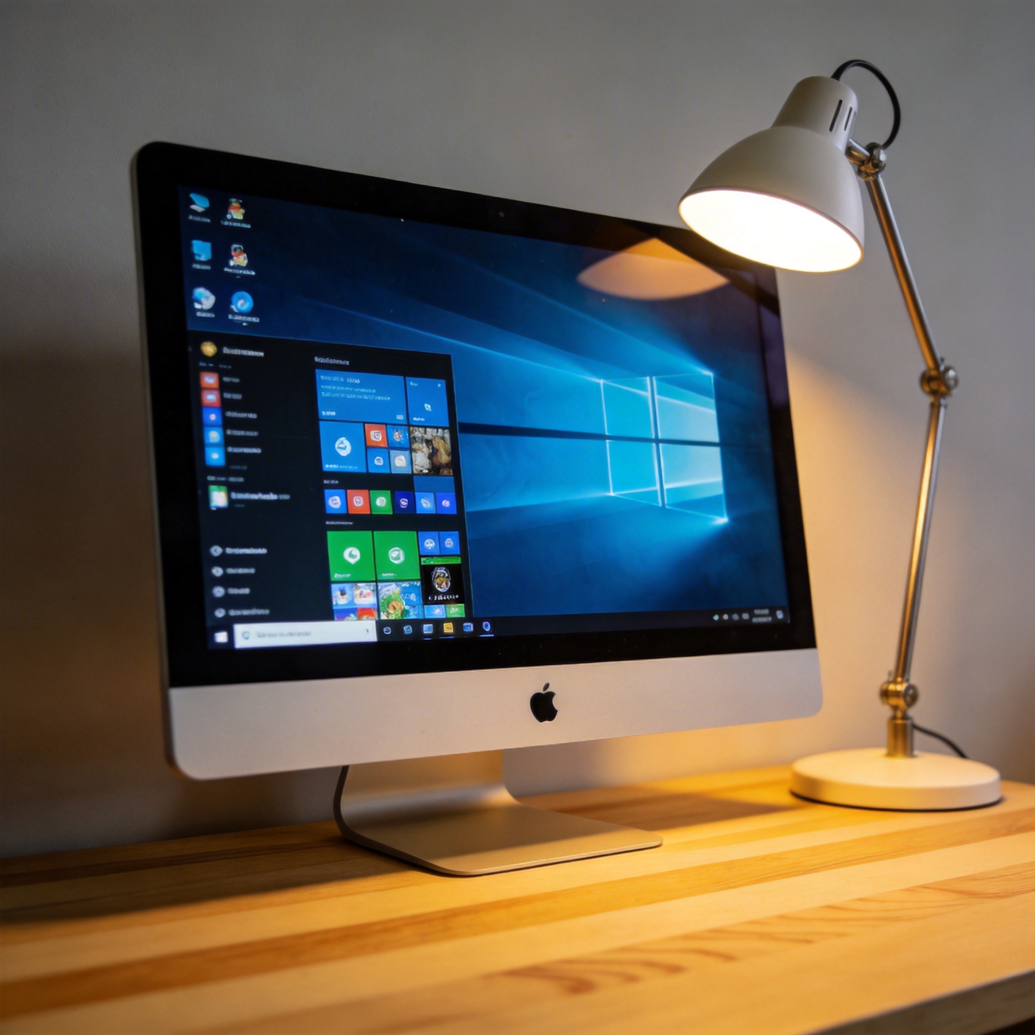 电脑桌上的电脑，屏幕显示Windows界面，旁边放着台灯