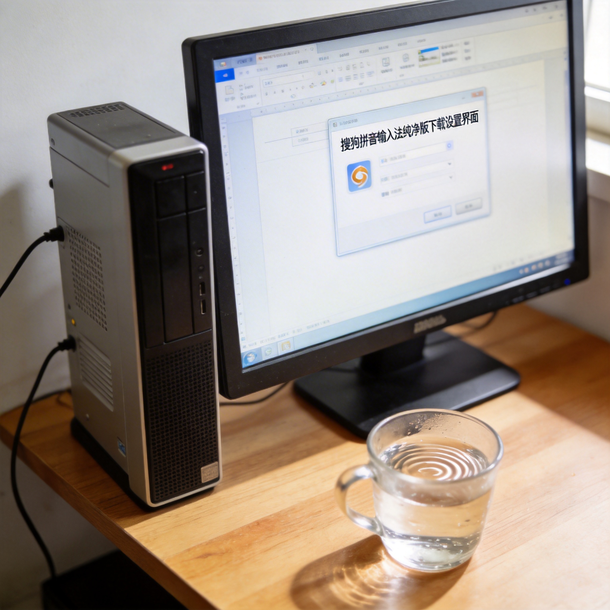 书桌上的主机，屏幕显示搜狗拼音输入法纯净版下载设置界面，桌角放着水杯，自然光
