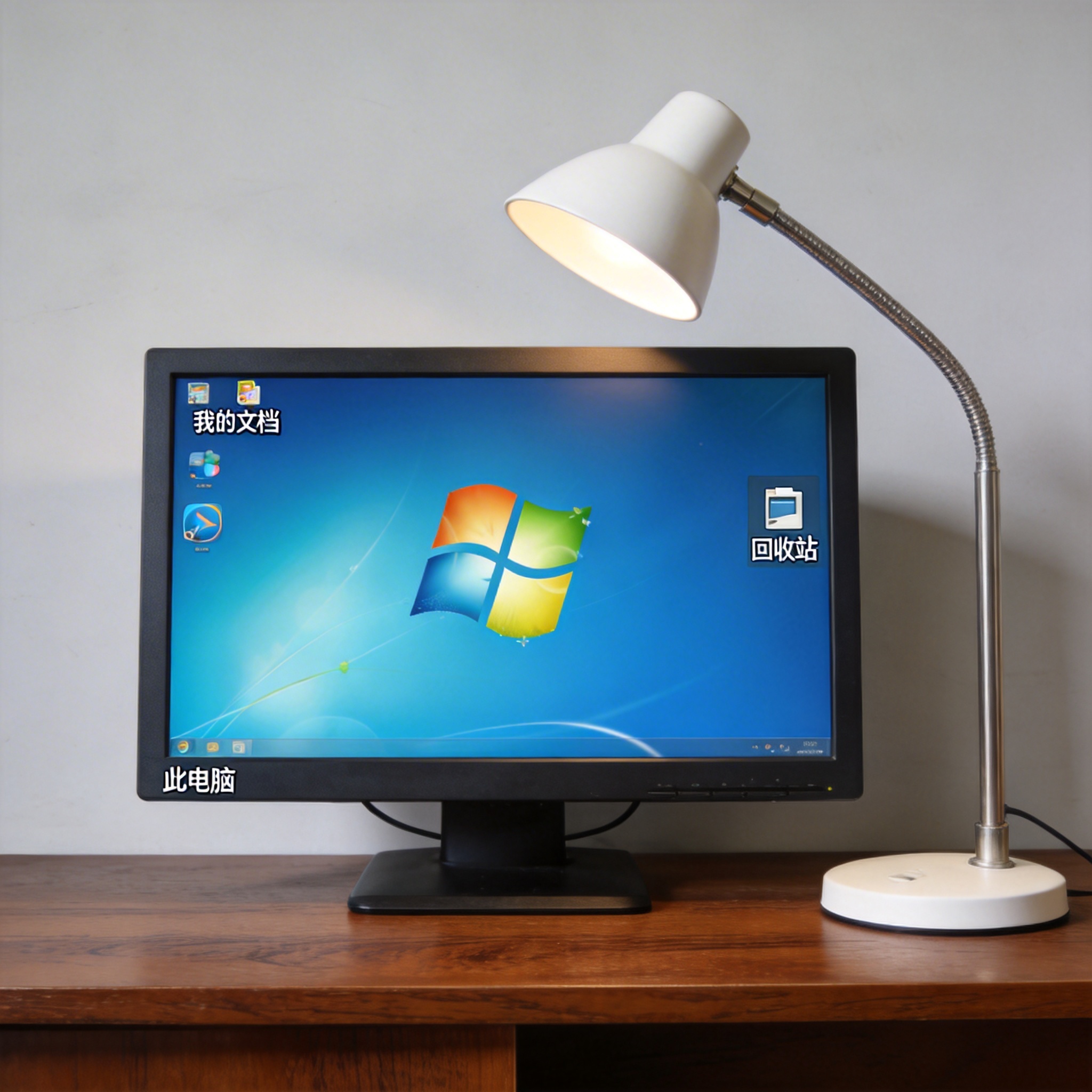 电脑桌上的电脑，屏幕显示Windows桌面，旁边放着台灯