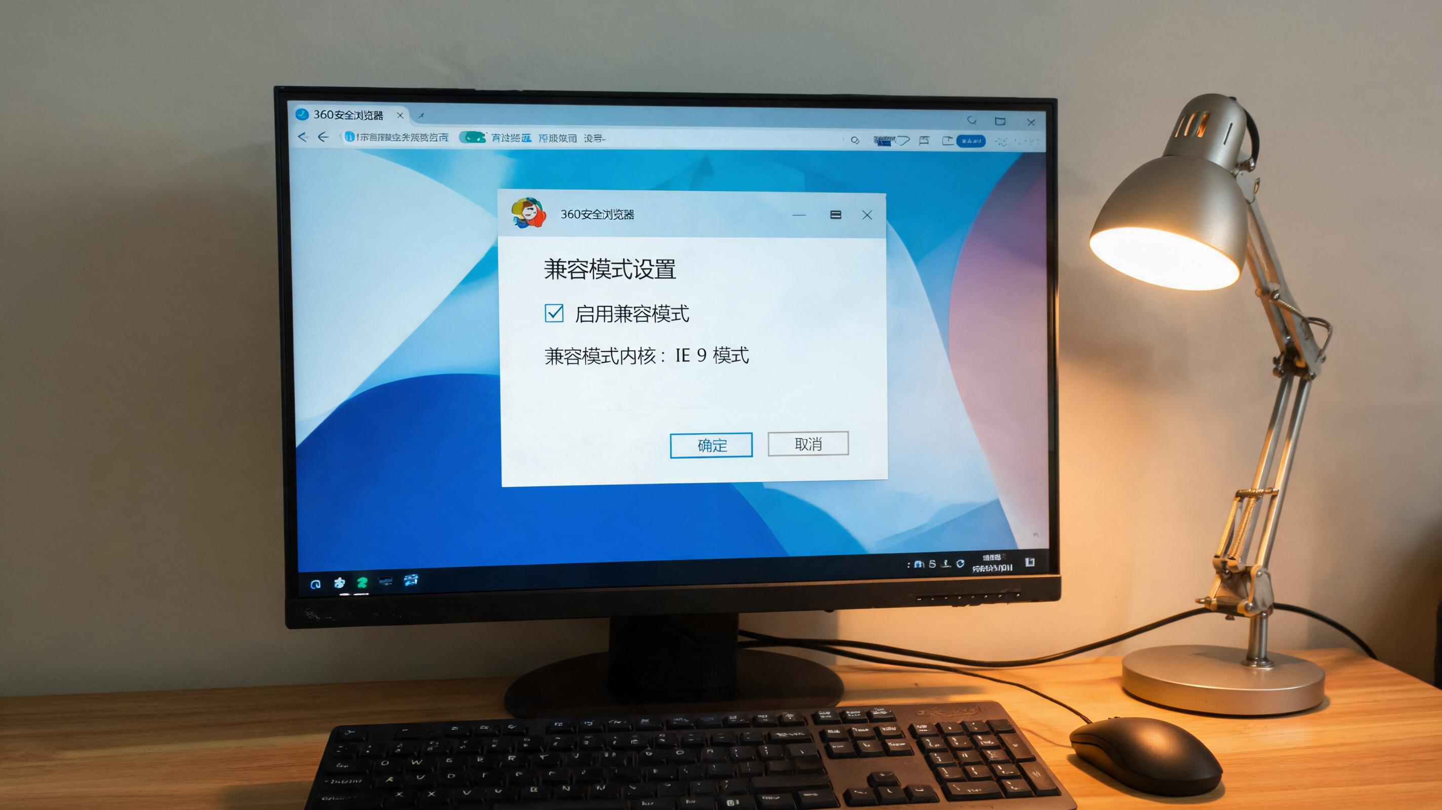 电脑桌上的电脑，屏幕显示360 浏览器兼容模式设置菜单，旁边放着台灯