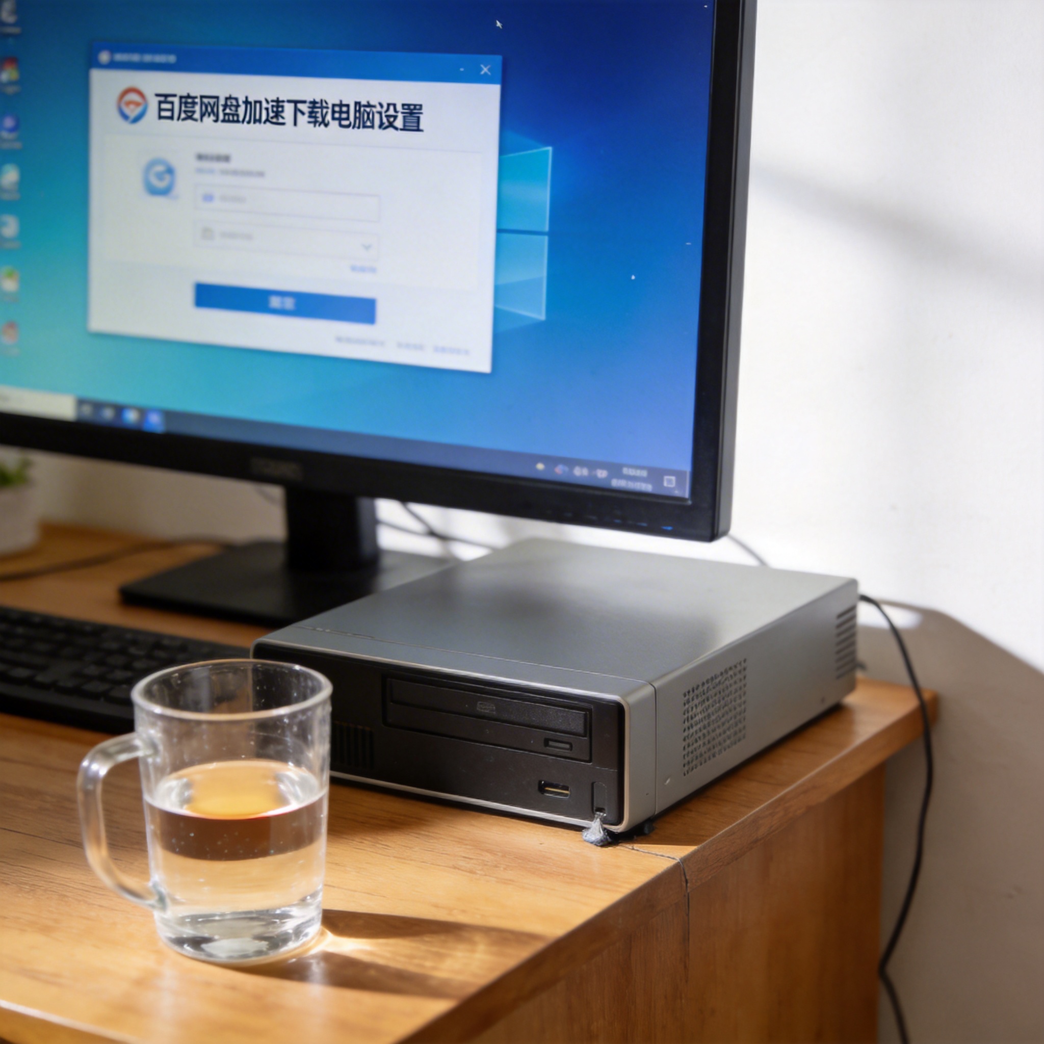 书桌上的主机，屏幕显示百度网盘加速下载电脑设置设置界面，桌角放着水杯，自然光