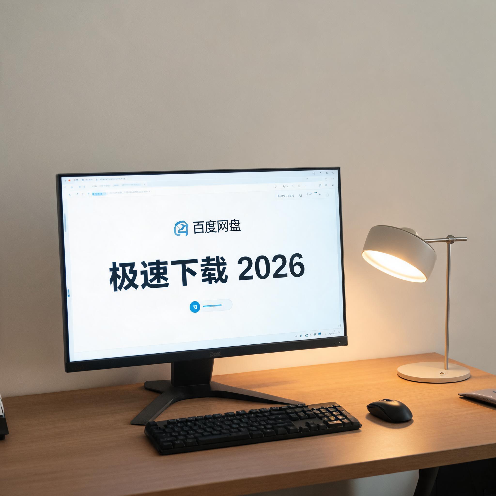 电脑桌上的电脑，屏幕显示百度网盘极速下载 2026界面，旁边放着台灯