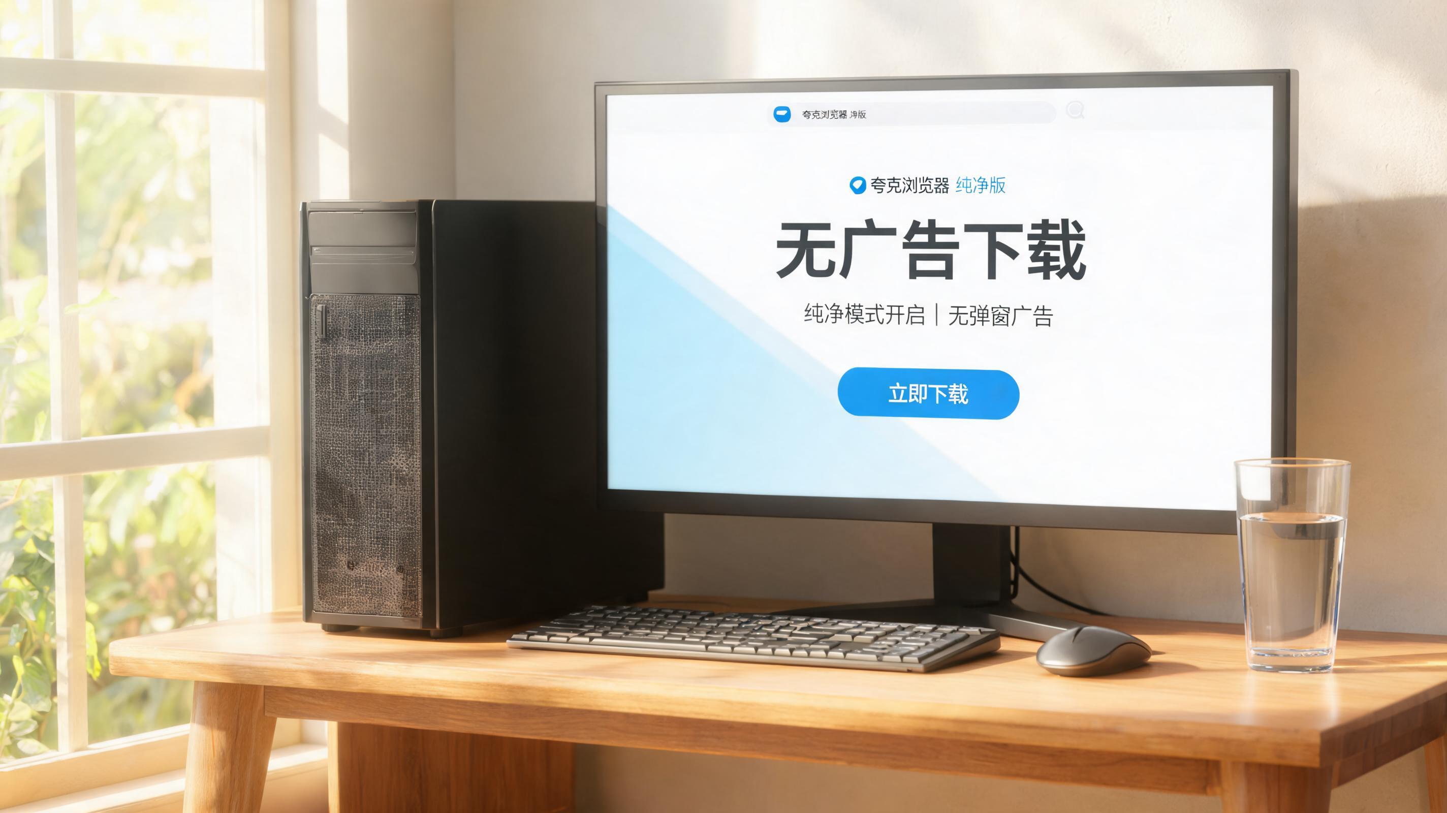 书桌上的主机，屏幕显示夸克浏览器纯净版无广告下载设置界面，桌角放着水杯，自然光