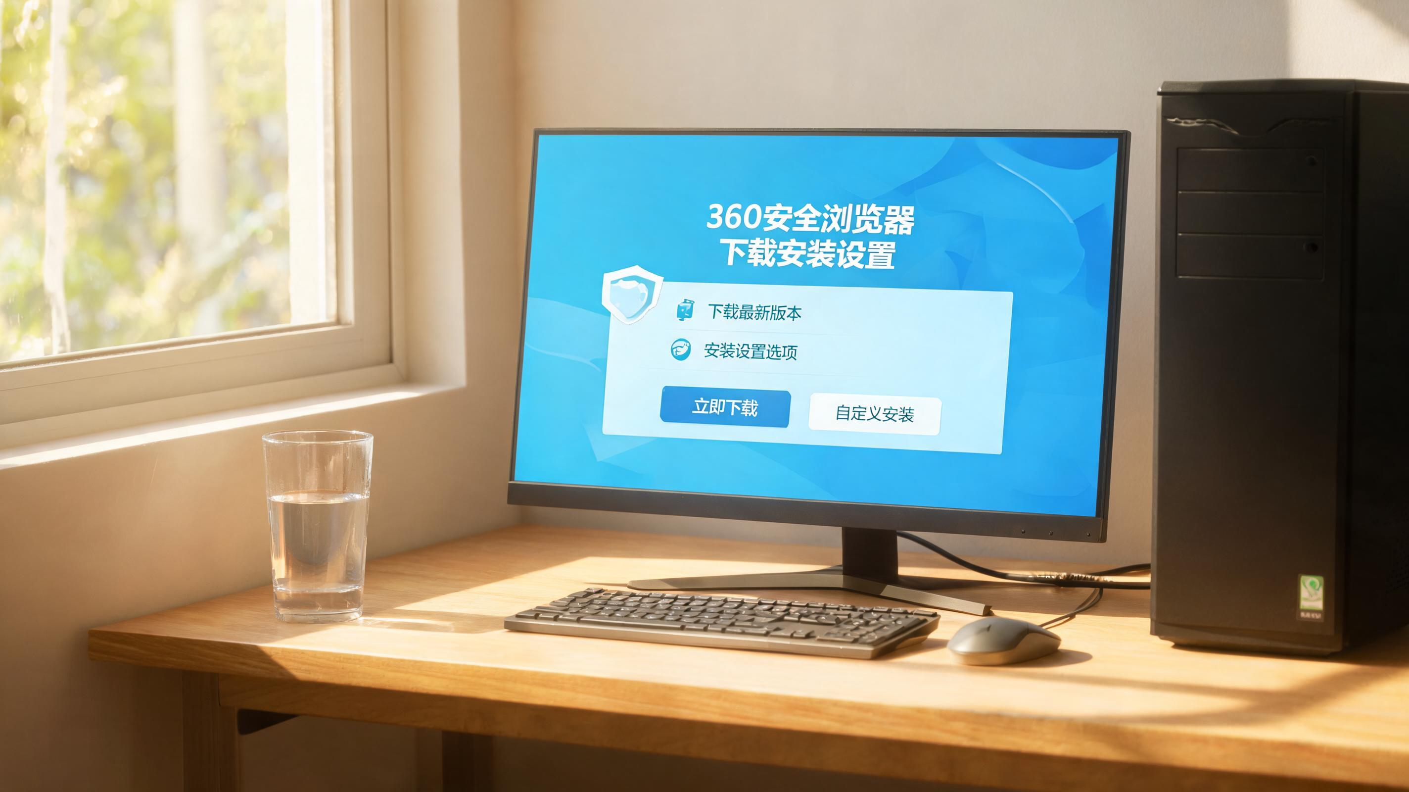 书桌上的主机，屏幕显示360 安全浏览器怎么下载安装设置界面，桌角放着水杯，自然光