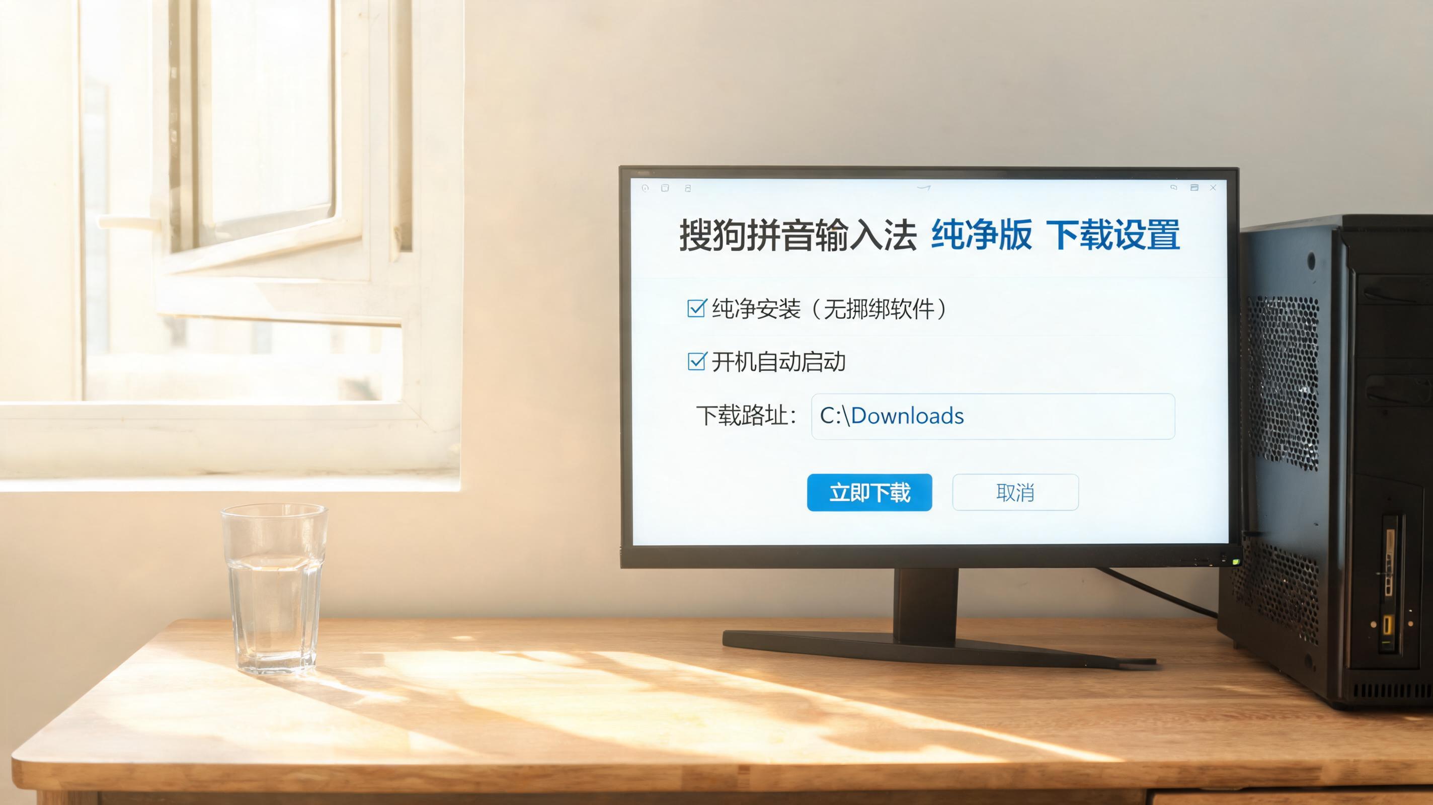 书桌上的主机，屏幕显示搜狗拼音输入法纯净版下载设置界面，桌角放着水杯，自然光