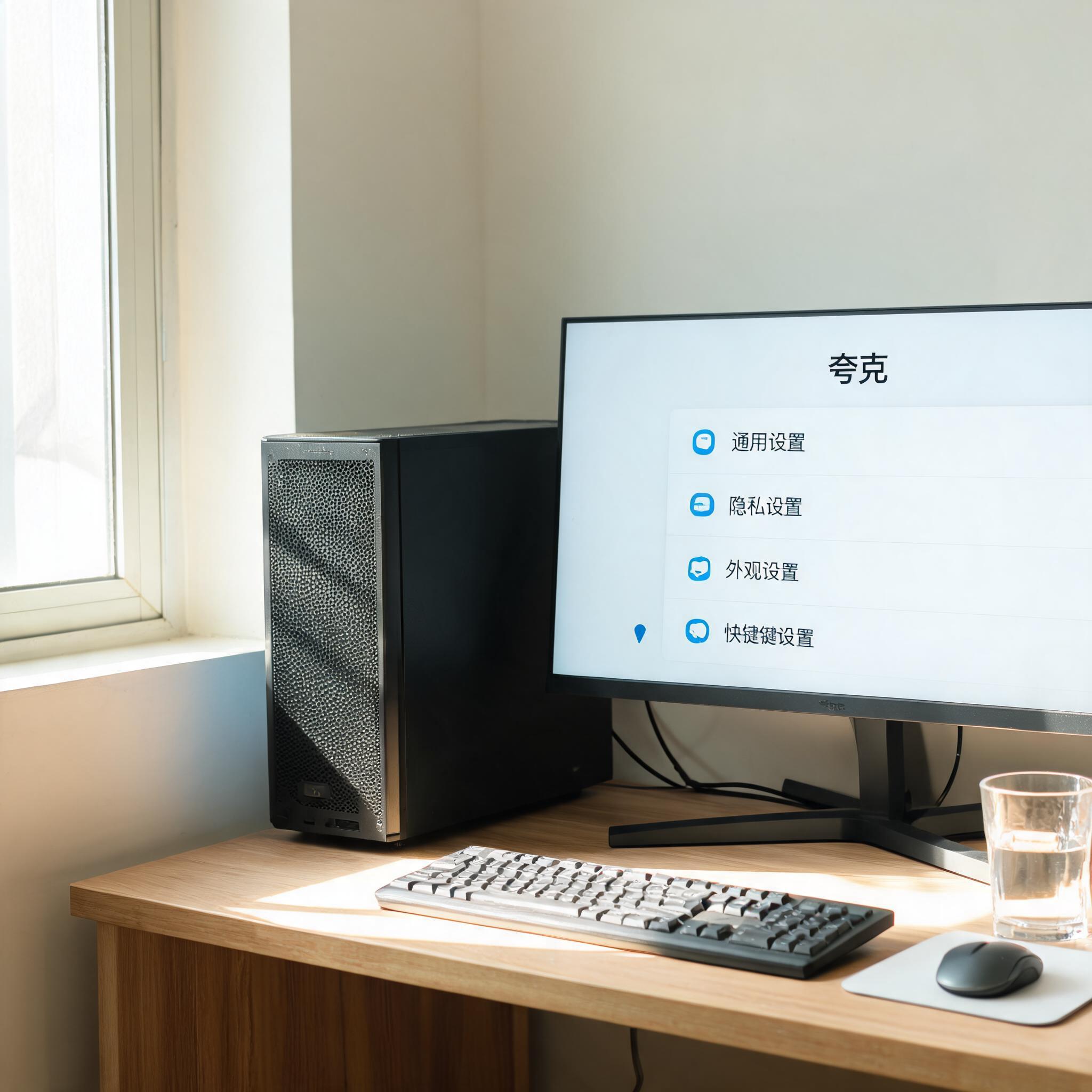 书桌上的主机，屏幕显示夸克设置界面，桌角放着水杯，自然光