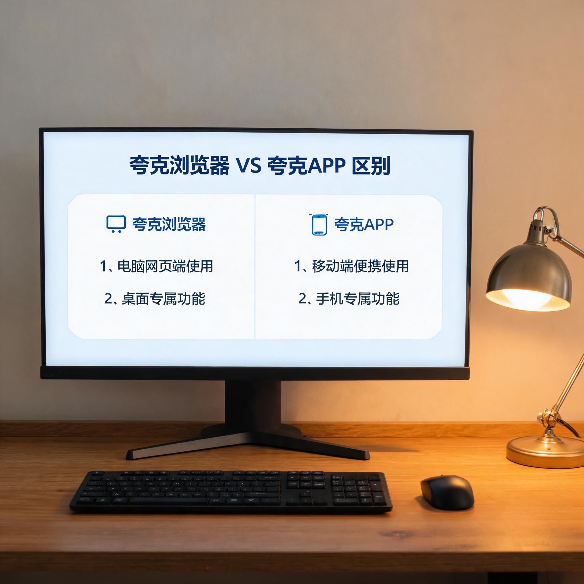 电脑桌上的电脑，屏幕显示夸克浏览器和夸克 APP 区别界面，旁边放着台灯