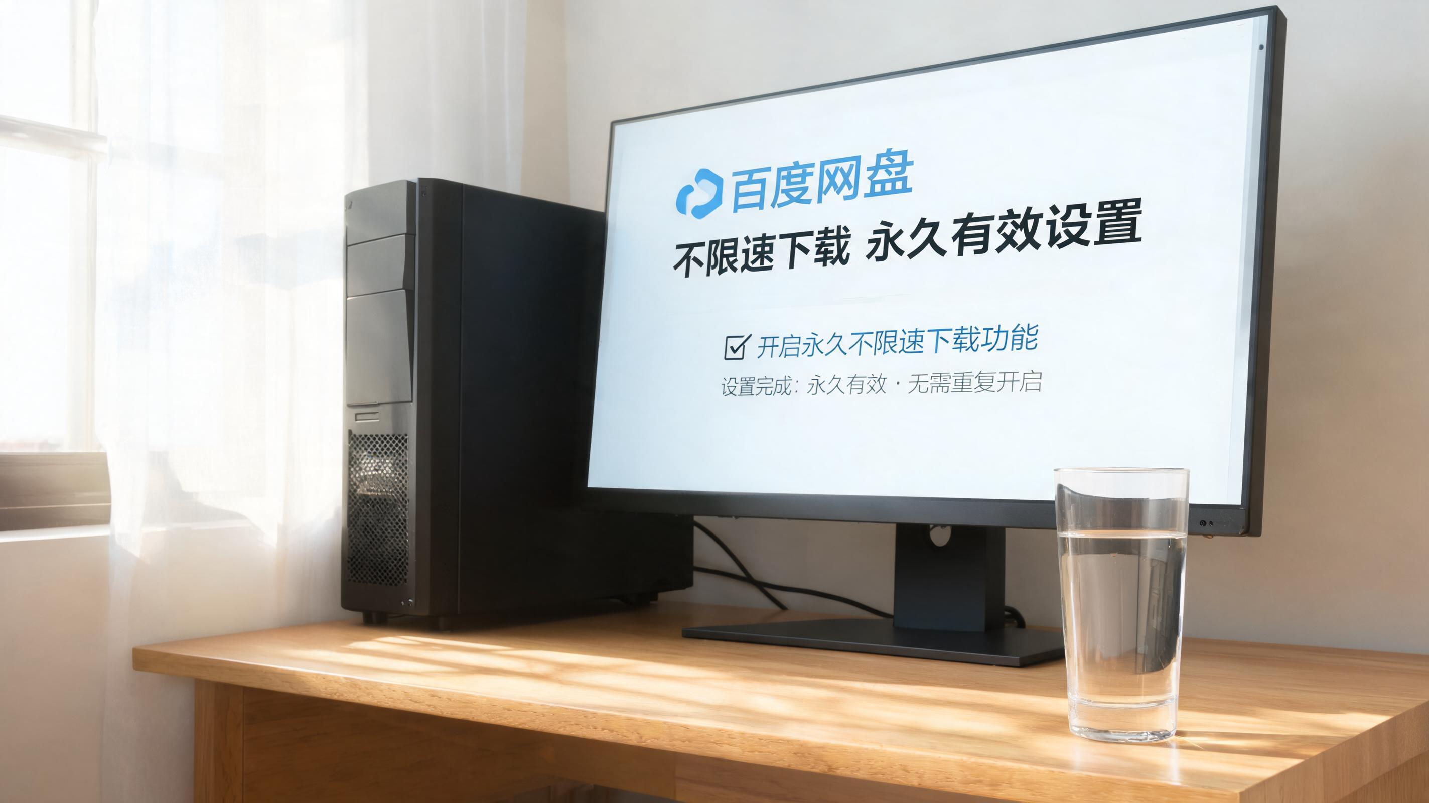 书桌上的主机，屏幕显示百度网盘不限速下载永久有效设置界面，桌角放着水杯，自然光